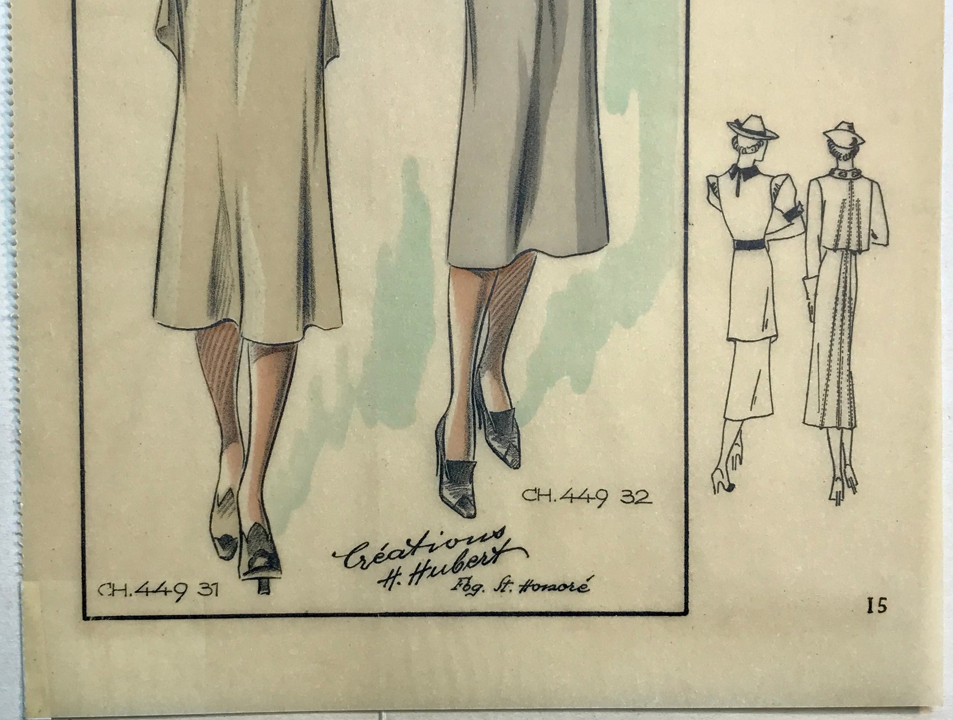 An Original Fashion Sketch, or Croquis, from Parisian Atelier H Hubert. A Hand Coloured Lithograph print. 1930’s. Size: 27.5 x 16.8 cms.