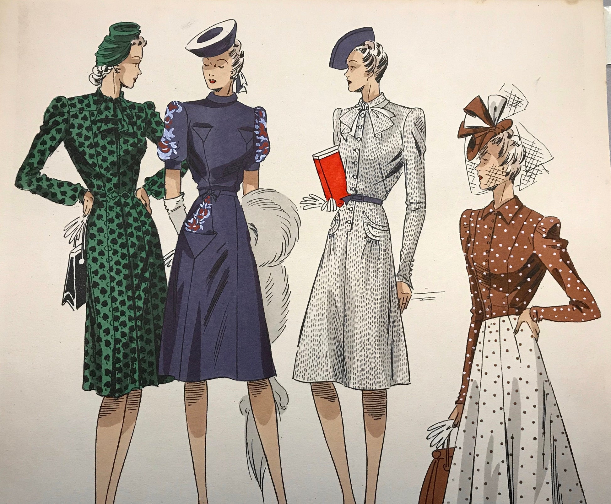 An Original Fashion Sketch, or Croquis, from ‘Les Creations Parisiennes’. A Hand Coloured Lithograph Print. 1945. Large: 32.5 x 24.8 cms.
