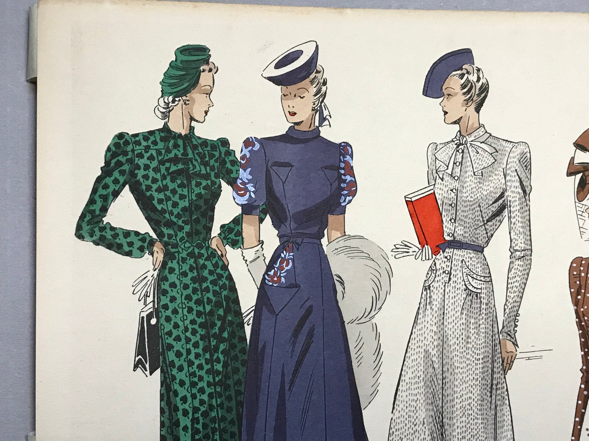 An Original Fashion Sketch, or Croquis, from ‘Les Creations Parisiennes’. A Hand Coloured Lithograph Print. 1945. Large: 32.5 x 24.8 cms.