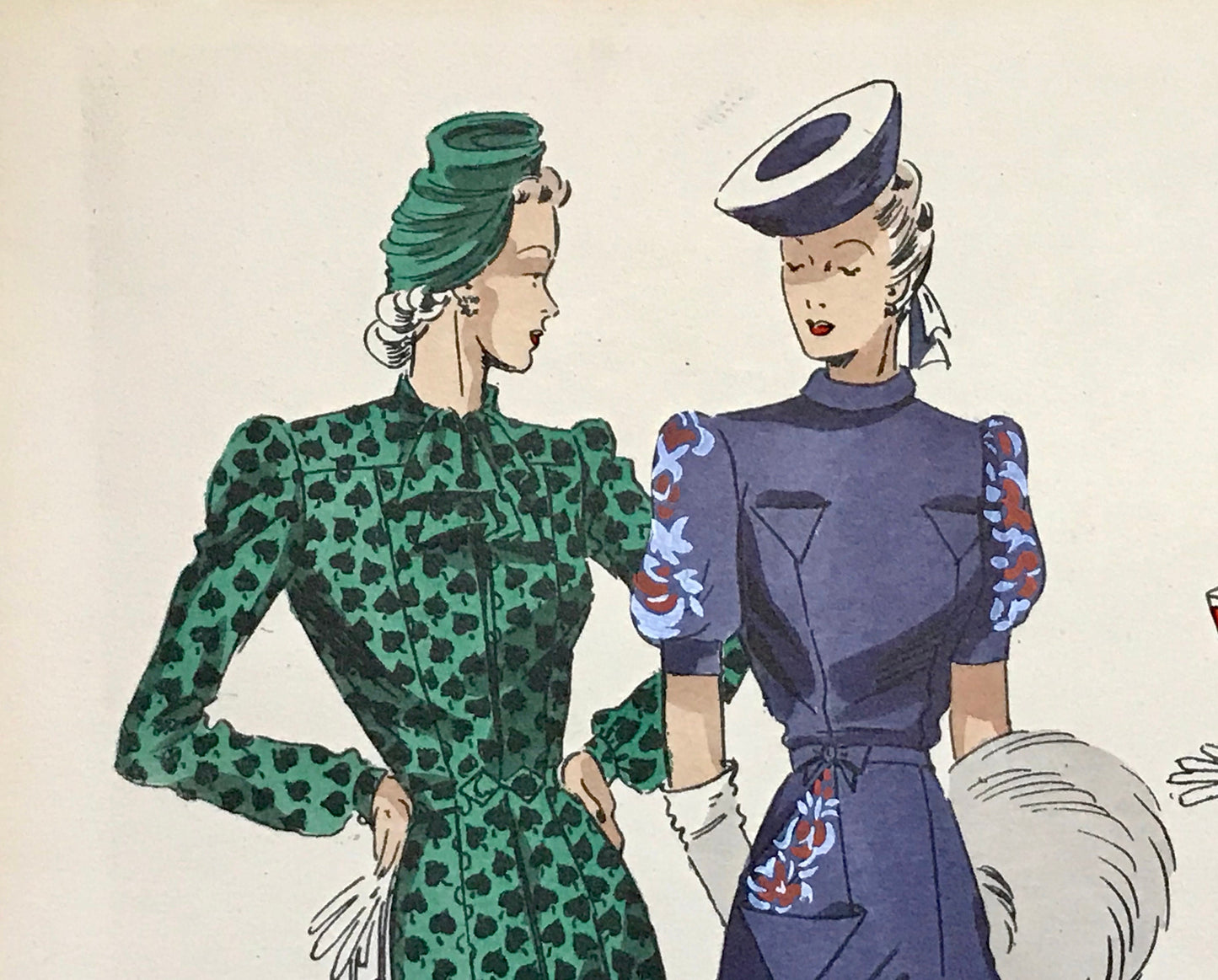 An Original Fashion Sketch, or Croquis, from ‘Les Creations Parisiennes’. A Hand Coloured Lithograph Print. 1945. Large: 32.5 x 24.8 cms.