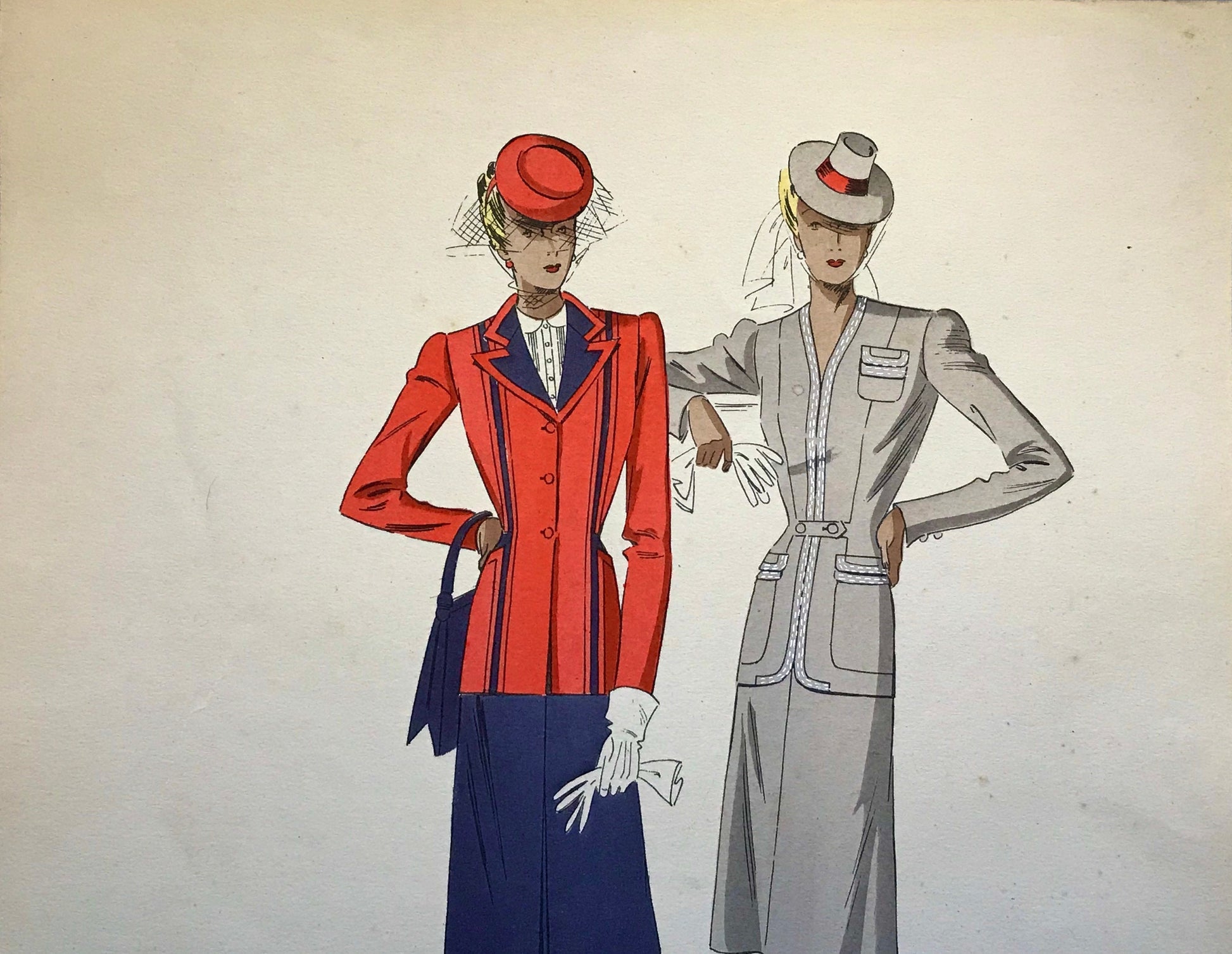 An Original Fashion Sketch, or Croquis, from ‘Les Creations Parisiennes’. A Hand Coloured Lithograph print. 1945. Large: 32.5 x 24.8 cms.