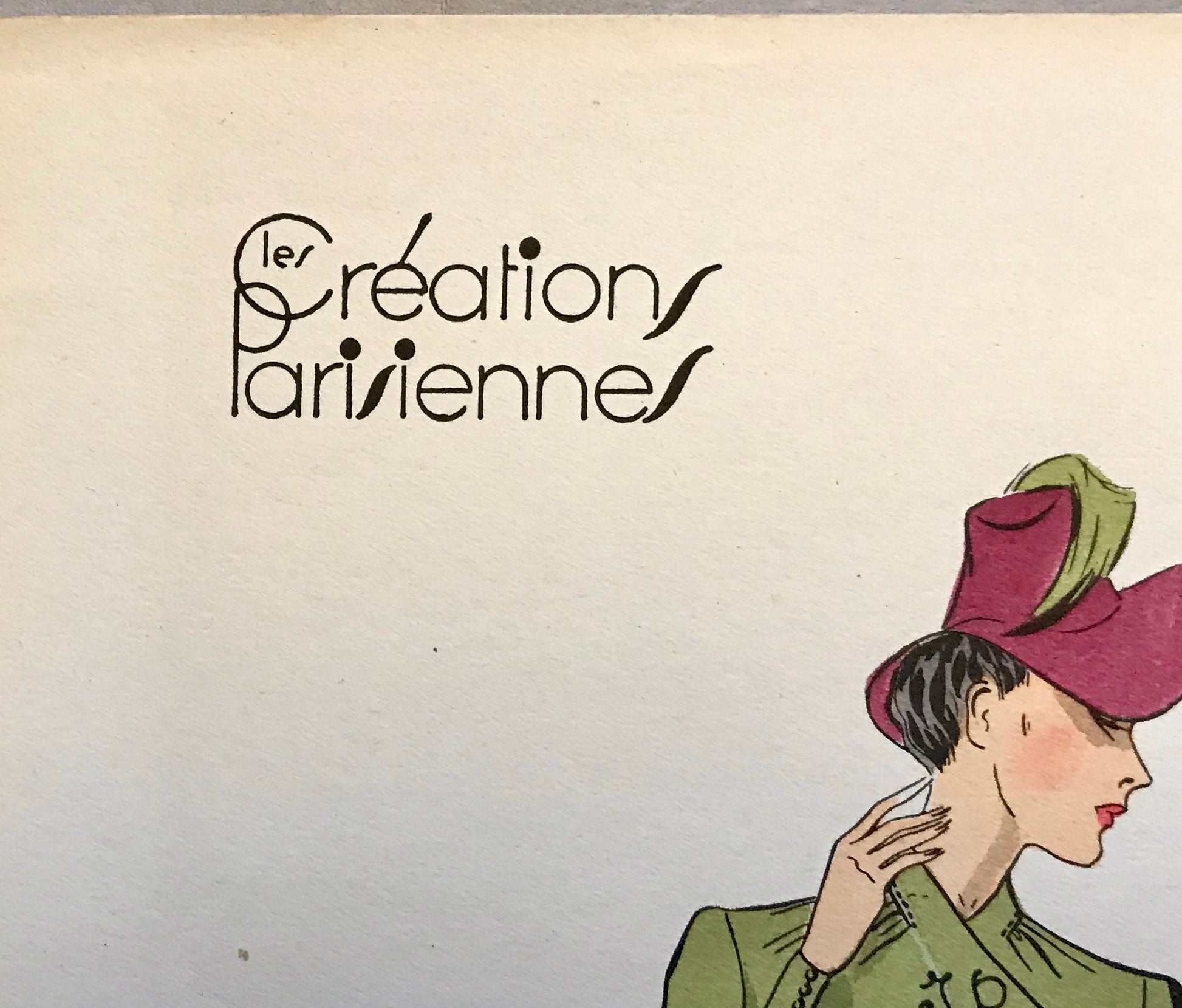 An Original Fashion Sketch, or Croquis, from ‘Les Creations Parisiennes’. A Hand Coloured Lithograph Print. 1945. Large: 32.5 x 24.8 cms.