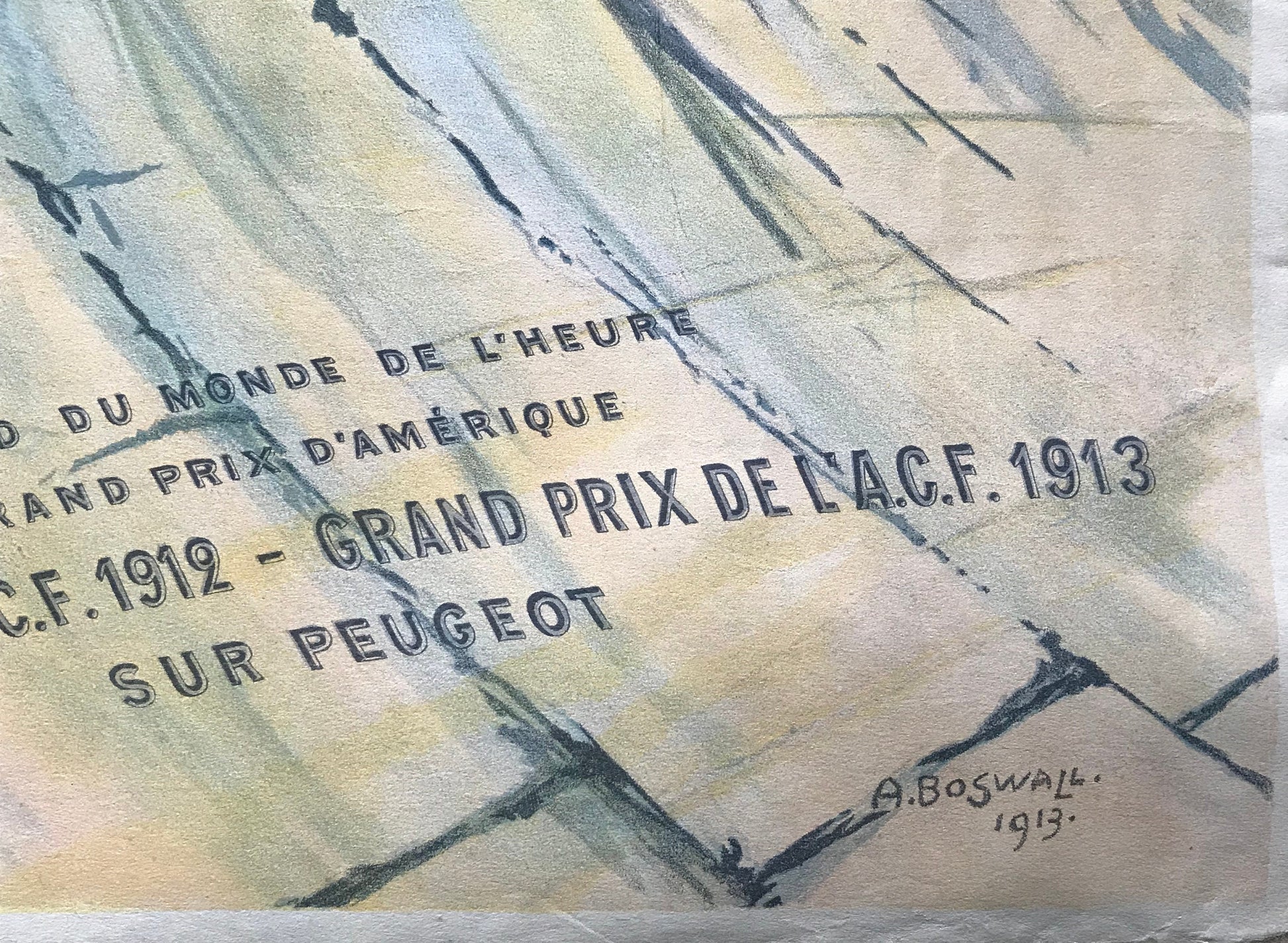 Record du monde de l’heure. Grand prix d’Amerique. Grand Prix de l’ACF 1912 et 1913 sur Peugeot. Original Lithograph by A Boswall. 1913.