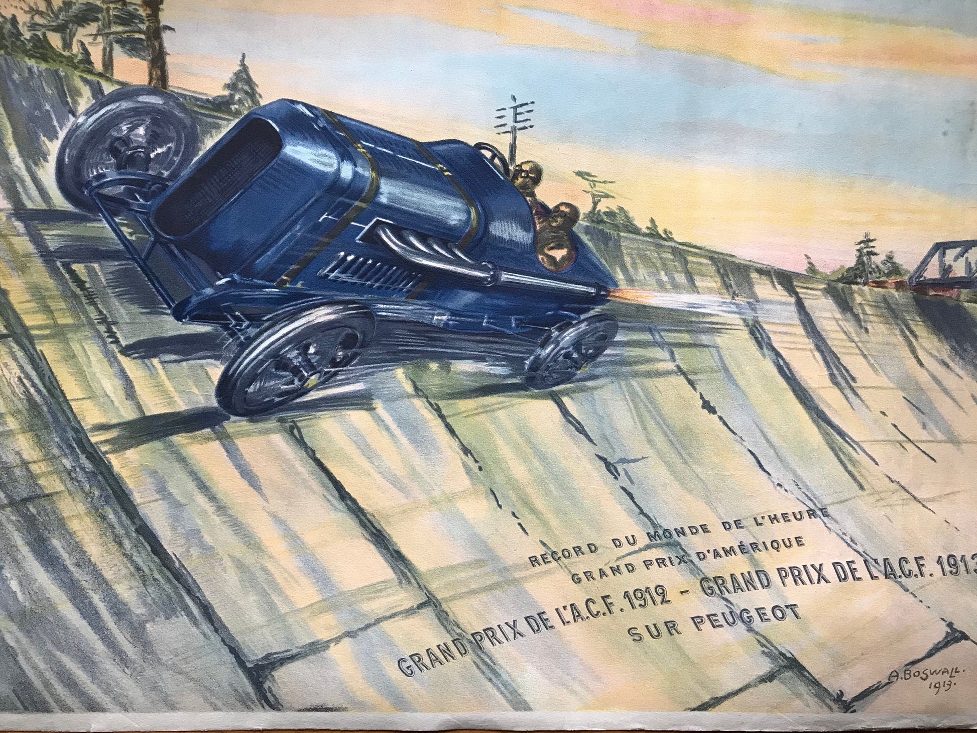 Record du monde de l’heure. Grand prix d’Amerique. Grand Prix de l’ACF 1912 et 1913 sur Peugeot. Original Lithograph by A Boswall. 1913.