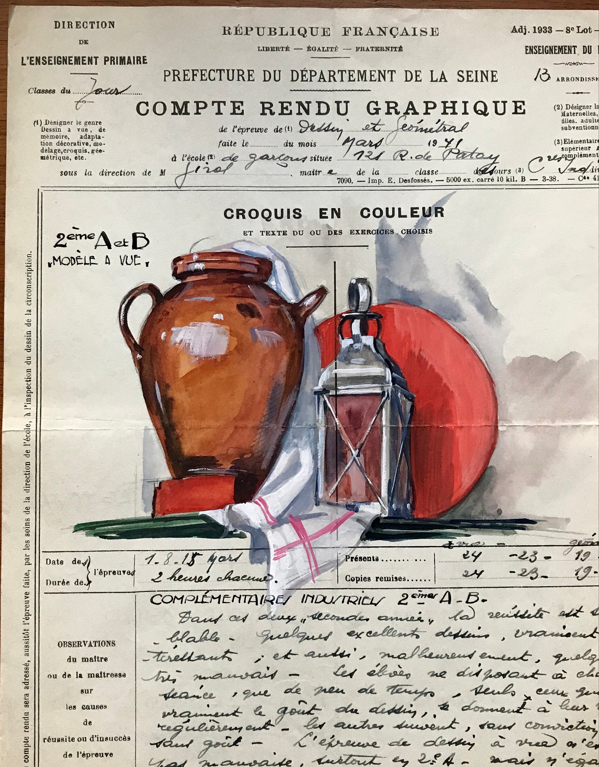 An original artwork. An Examination Piece from a Parisian Art School. Dated 1941. Size: 27 x 21 cms.