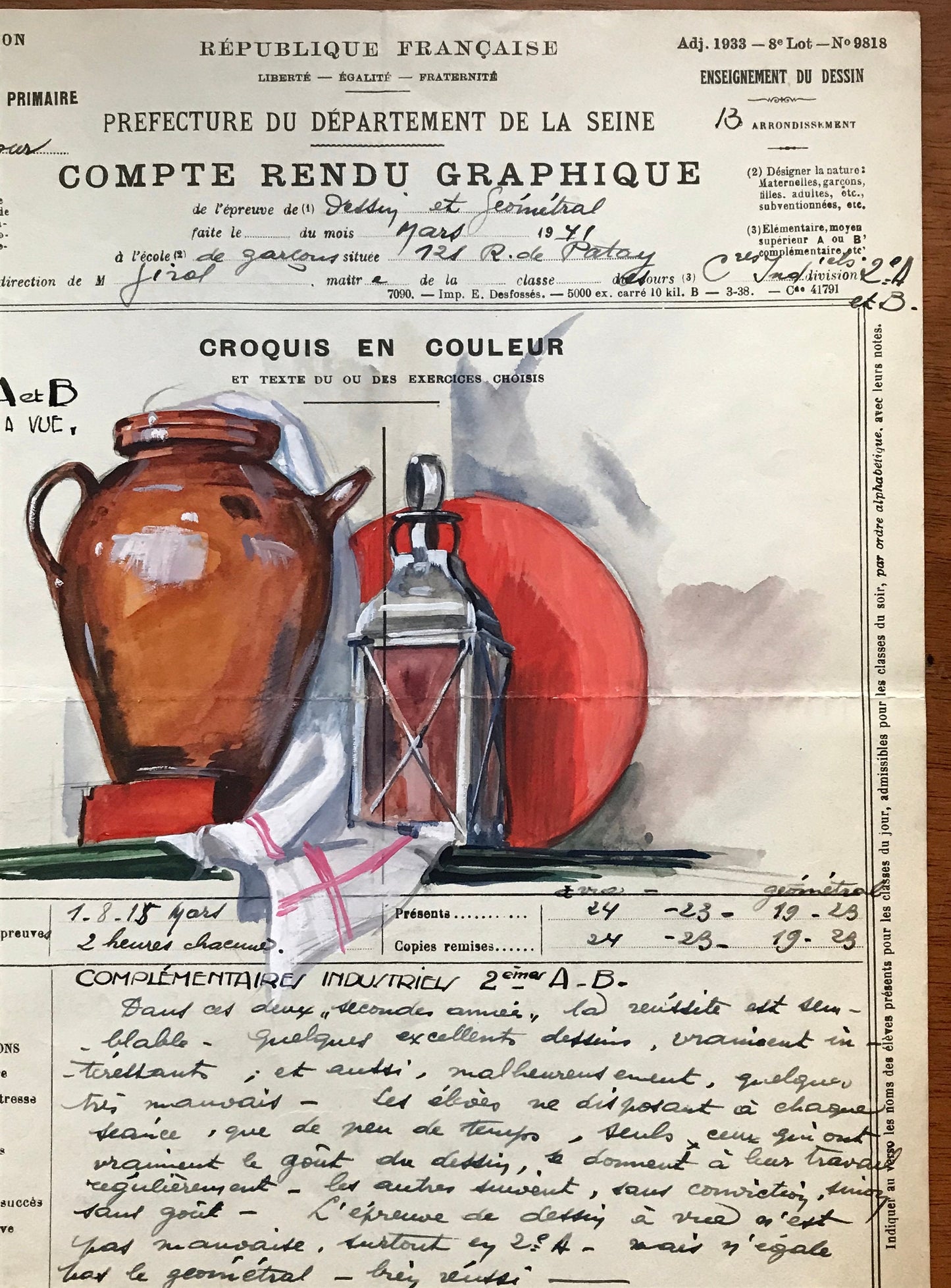 An original artwork. An Examination Piece from a Parisian Art School. Dated 1941. Size: 27 x 21 cms.