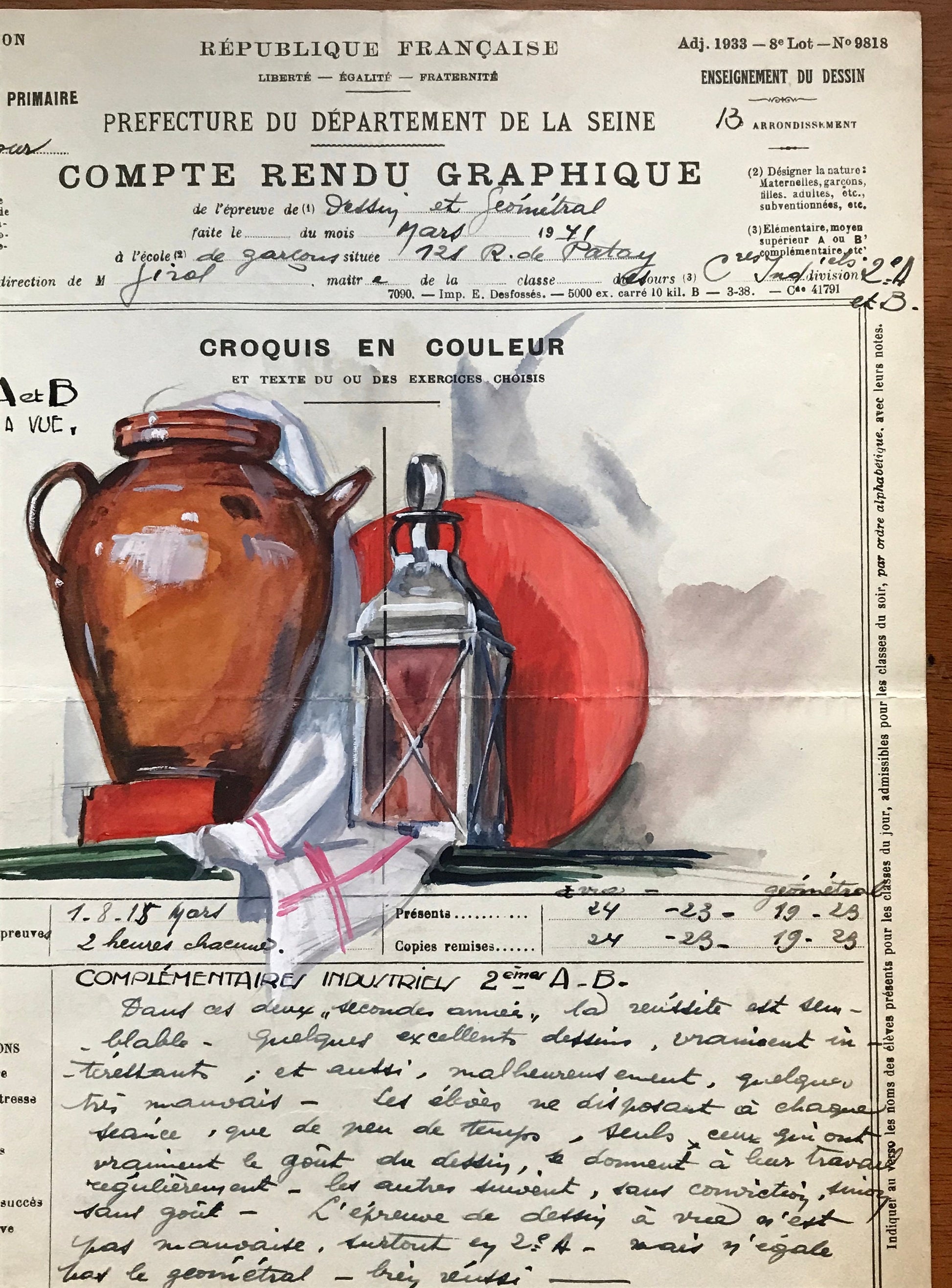 An original artwork. An Examination Piece from a Parisian Art School. Dated 1941. Size: 27 x 21 cms.