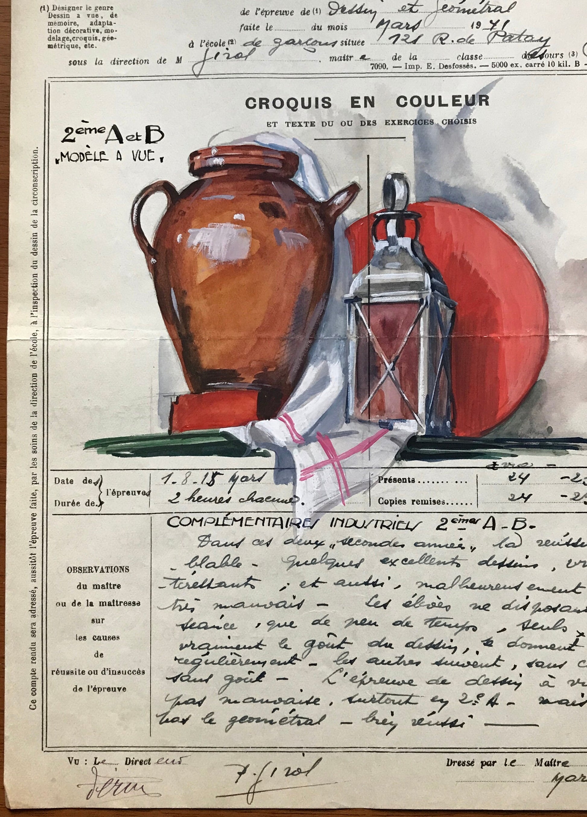 An original artwork. An Examination Piece from a Parisian Art School. Dated 1941. Size: 27 x 21 cms.