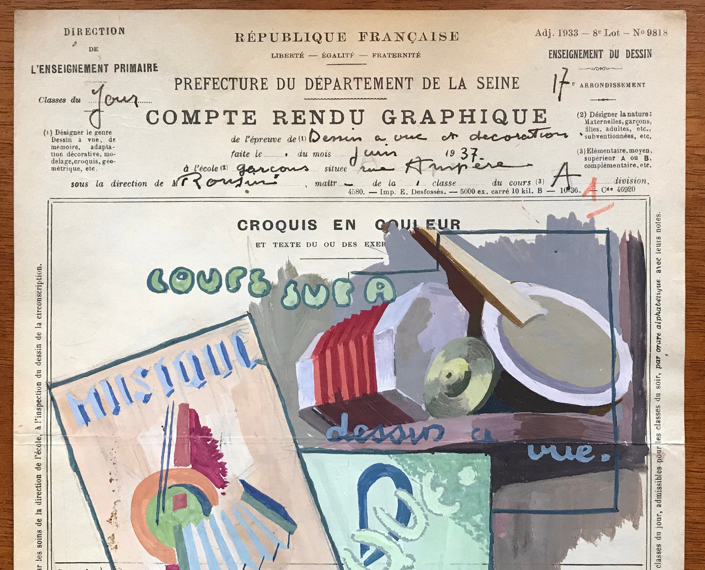 An original artwork. An Examination Piece from a Parisian Art School. Dated 1937. Size: 27 x 21 cms.