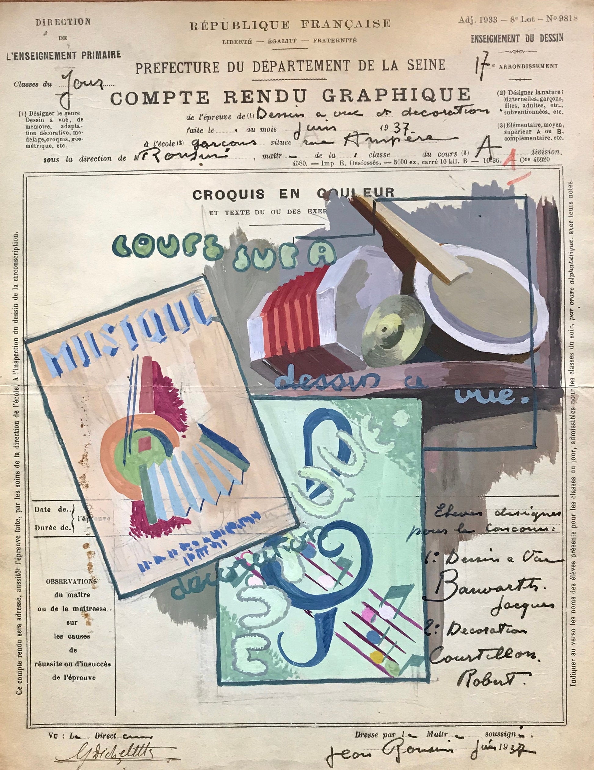 An original artwork. An Examination Piece from a Parisian Art School. Dated 1937. Size: 27 x 21 cms.