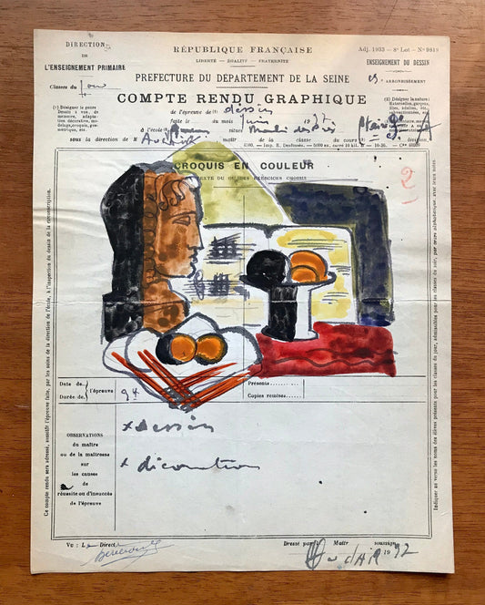 An original artwork. An Examination Piece from a Parisian Art School. Dated 1937. Size: 27 x 21 cms.