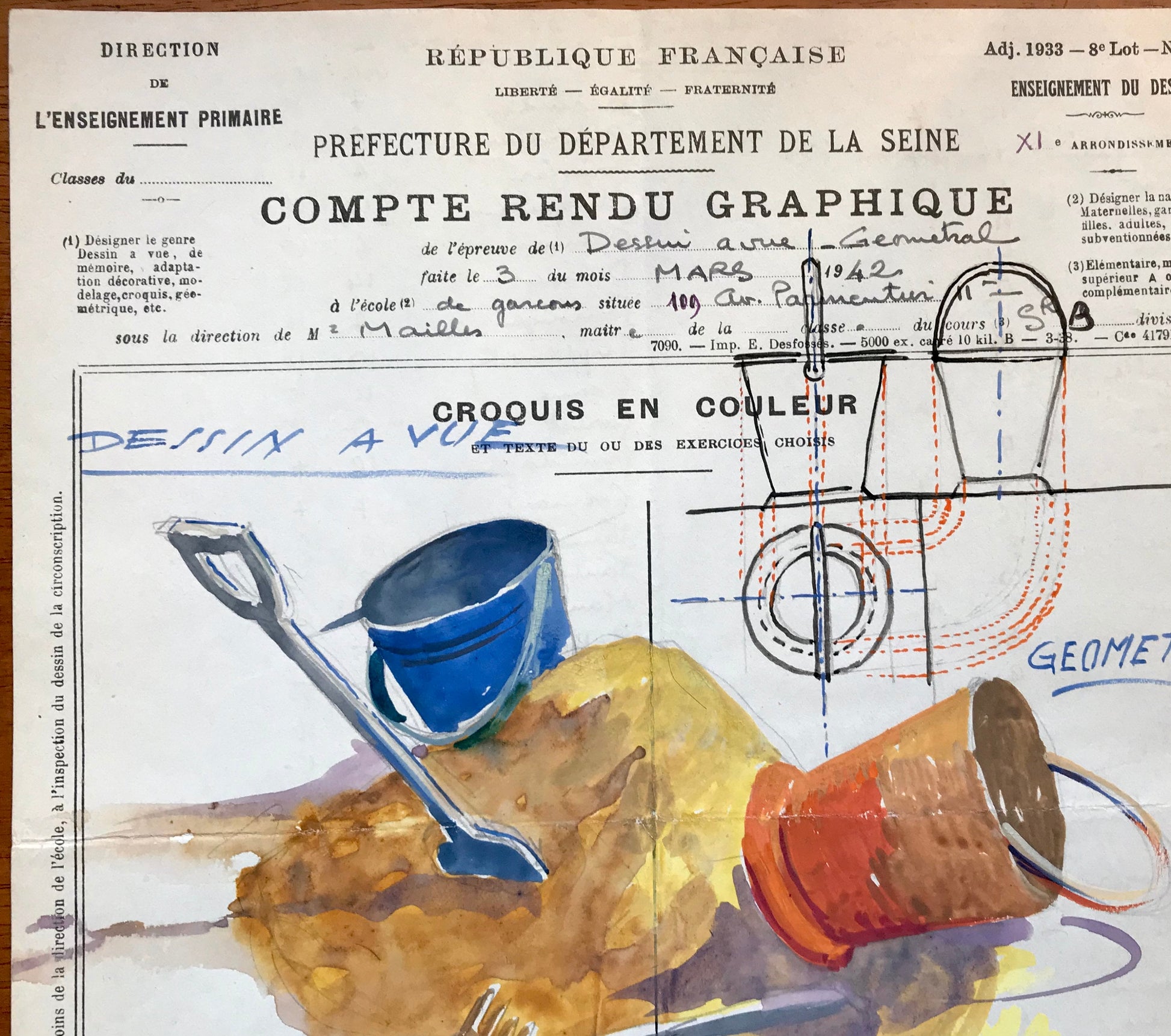 An original artwork. An Examination Piece from a Parisian Art School. Dated 1942. Size: 27 x 21 cms.