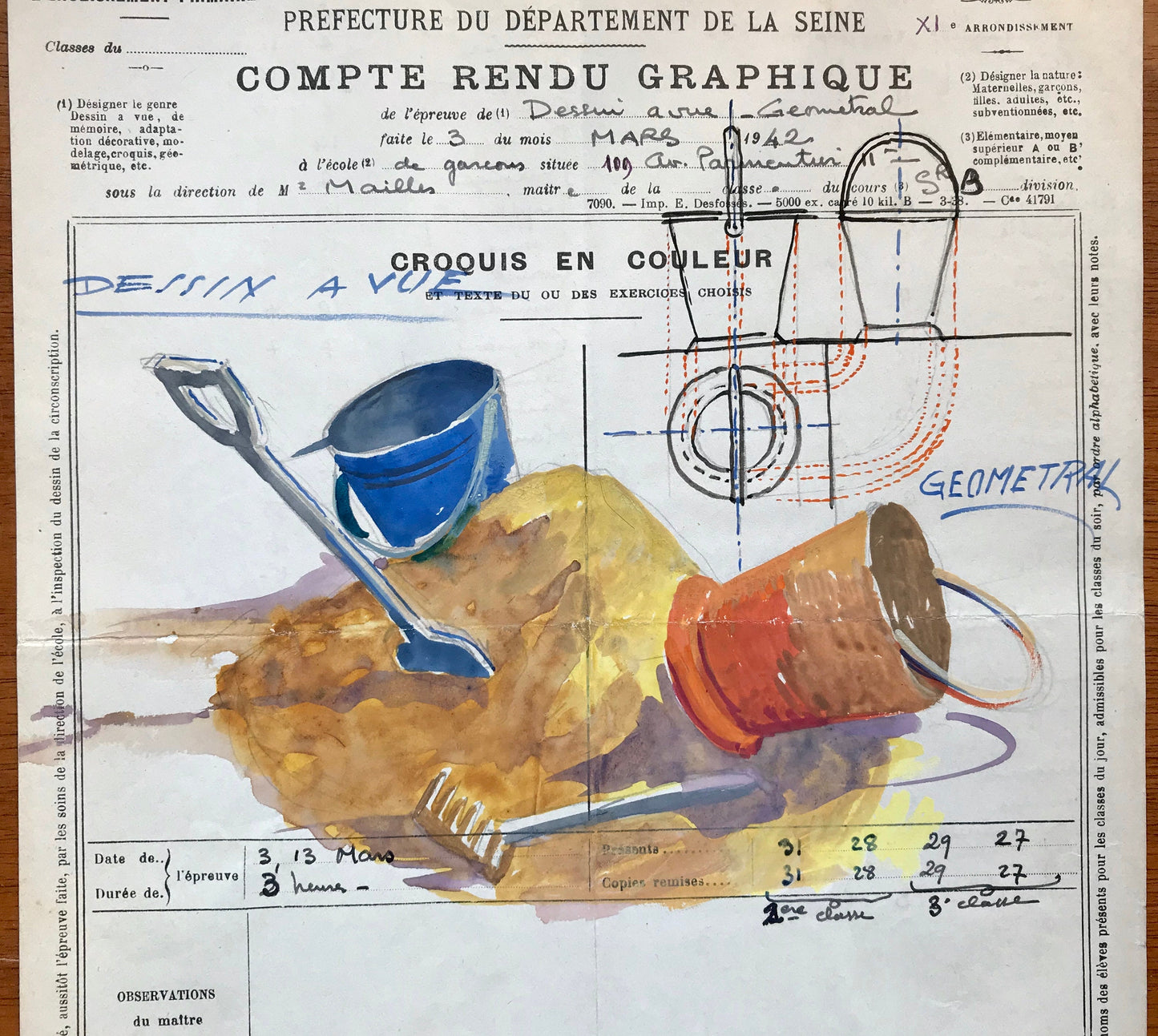 An original artwork. An Examination Piece from a Parisian Art School. Dated 1942. Size: 27 x 21 cms.
