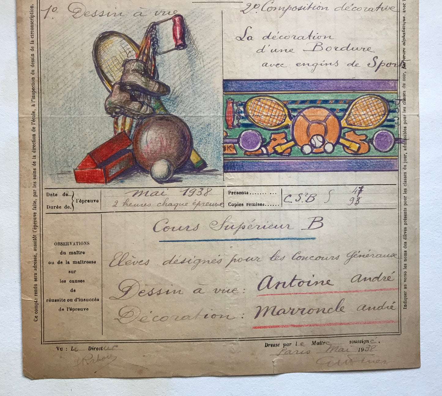 An original artwork. An Examination Piece from a Parisian Art School. Dated 1938. Size: 27 x 21 cms.