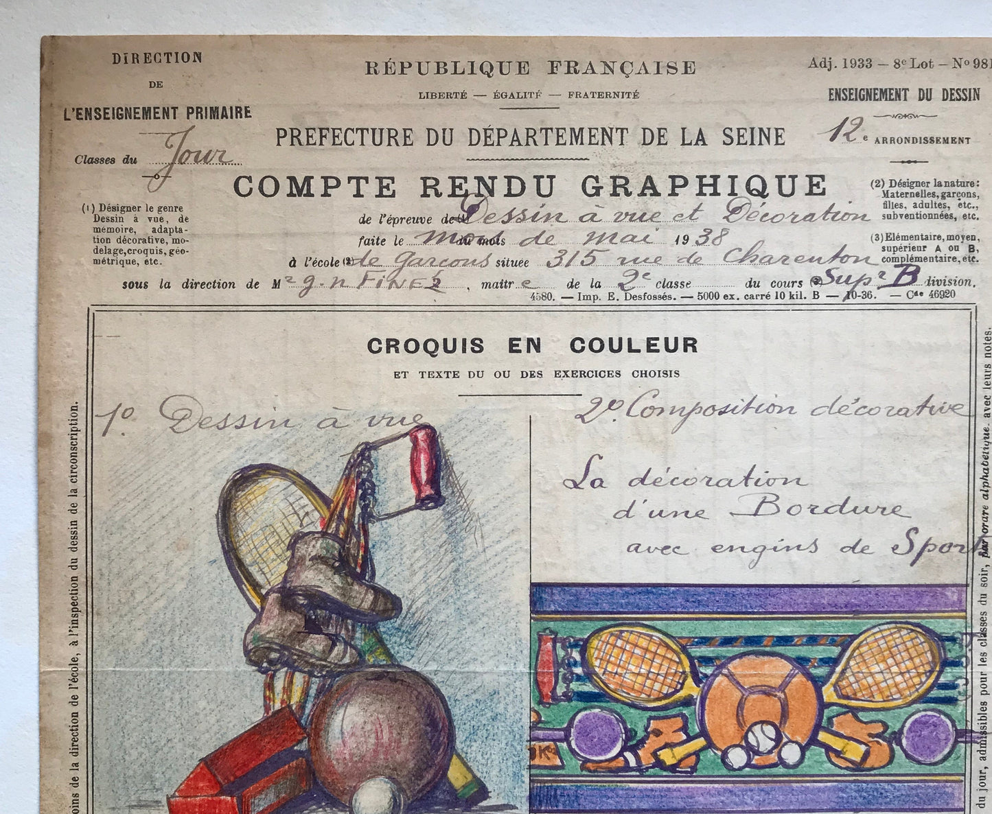 An original artwork. An Examination Piece from a Parisian Art School. Dated 1938. Size: 27 x 21 cms.