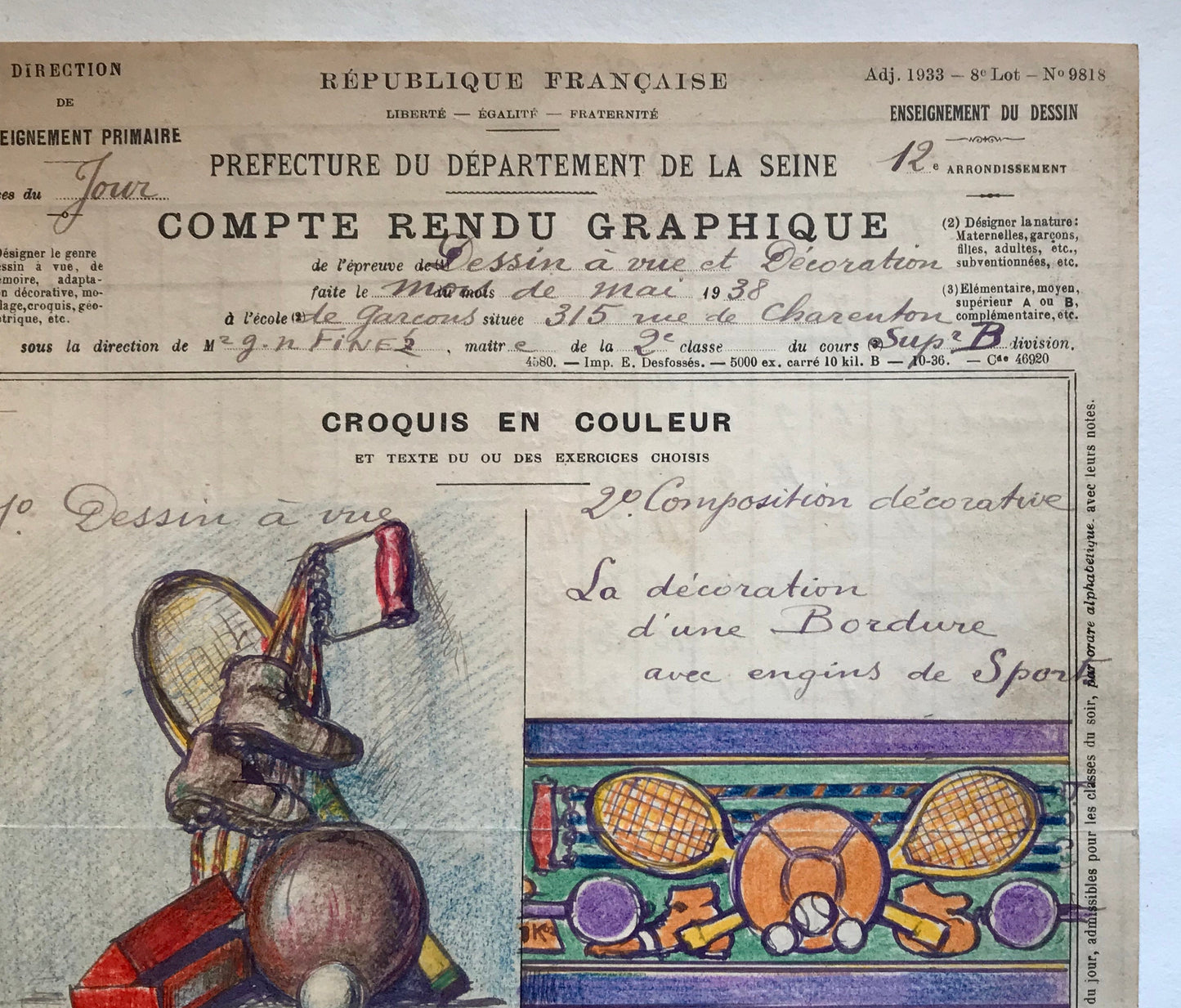An original artwork. An Examination Piece from a Parisian Art School. Dated 1938. Size: 27 x 21 cms.