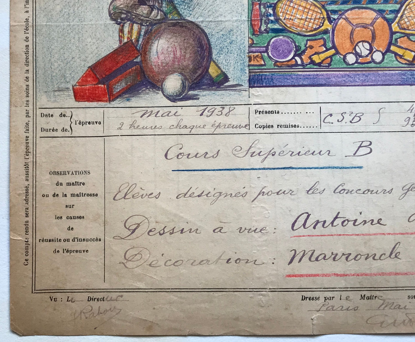 An original artwork. An Examination Piece from a Parisian Art School. Dated 1938. Size: 27 x 21 cms.
