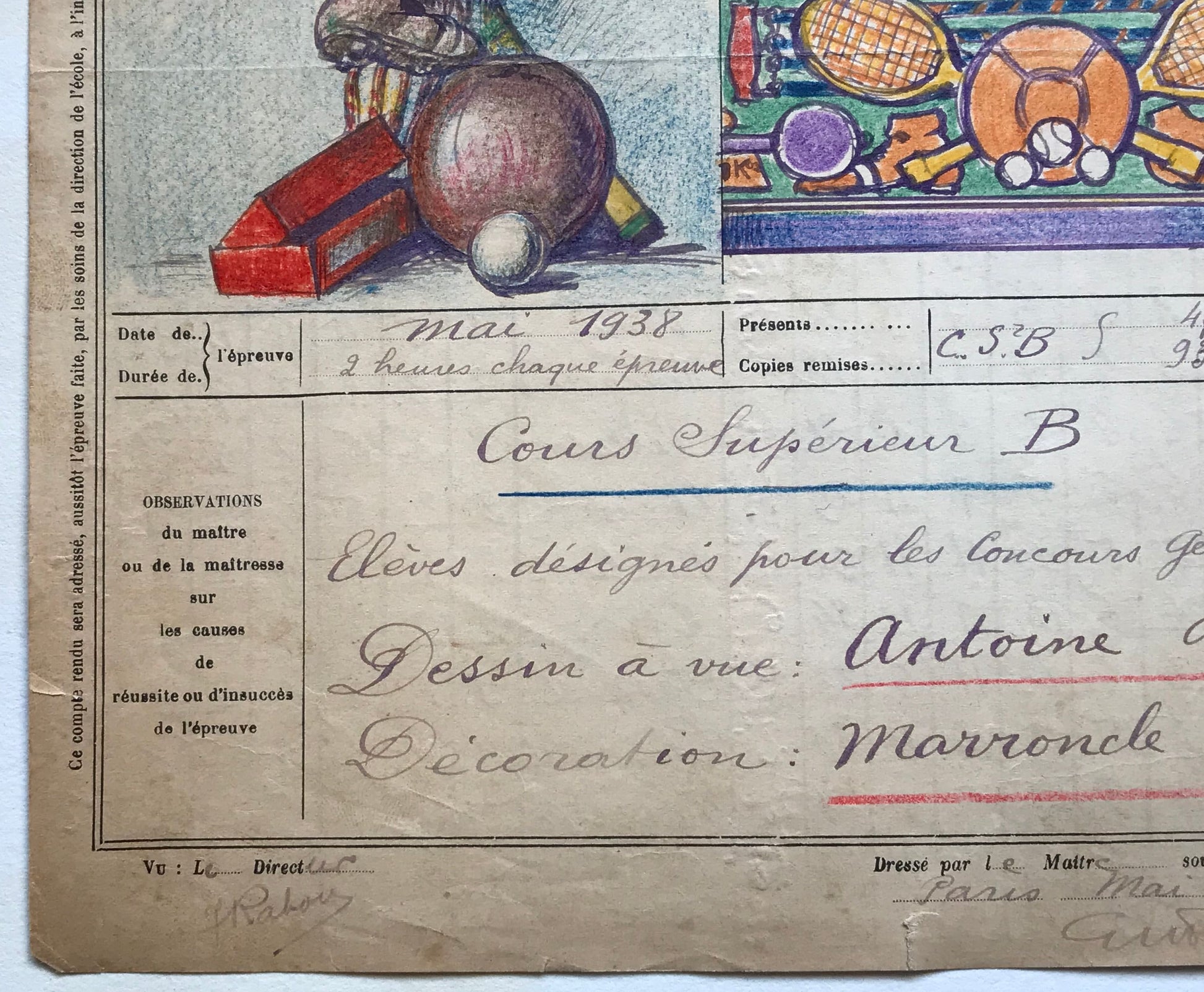 An original artwork. An Examination Piece from a Parisian Art School. Dated 1938. Size: 27 x 21 cms.