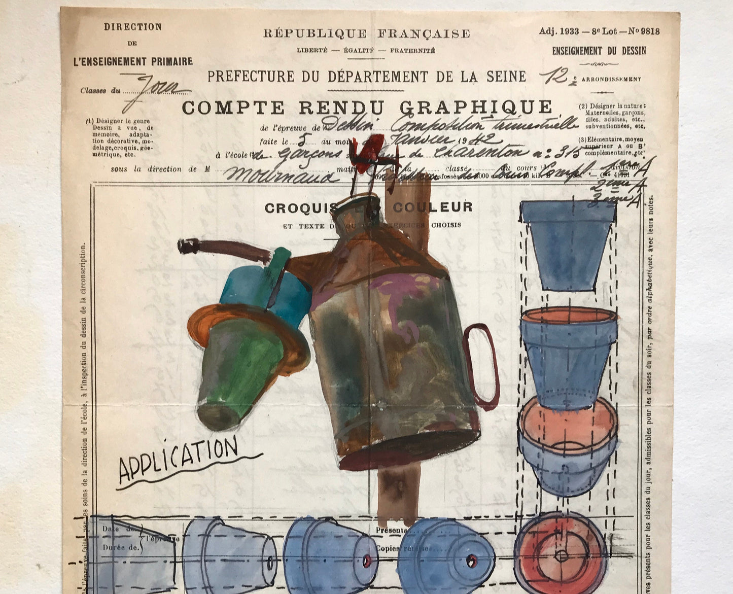 An original artwork. An Examination Piece from a Parisian Art School. Dated 1942. Size: 27 x 21 cms.