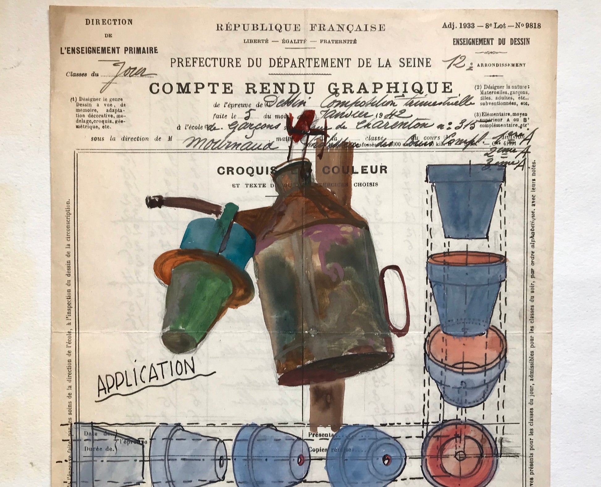 An original artwork. An Examination Piece from a Parisian Art School. Dated 1942. Size: 27 x 21 cms.