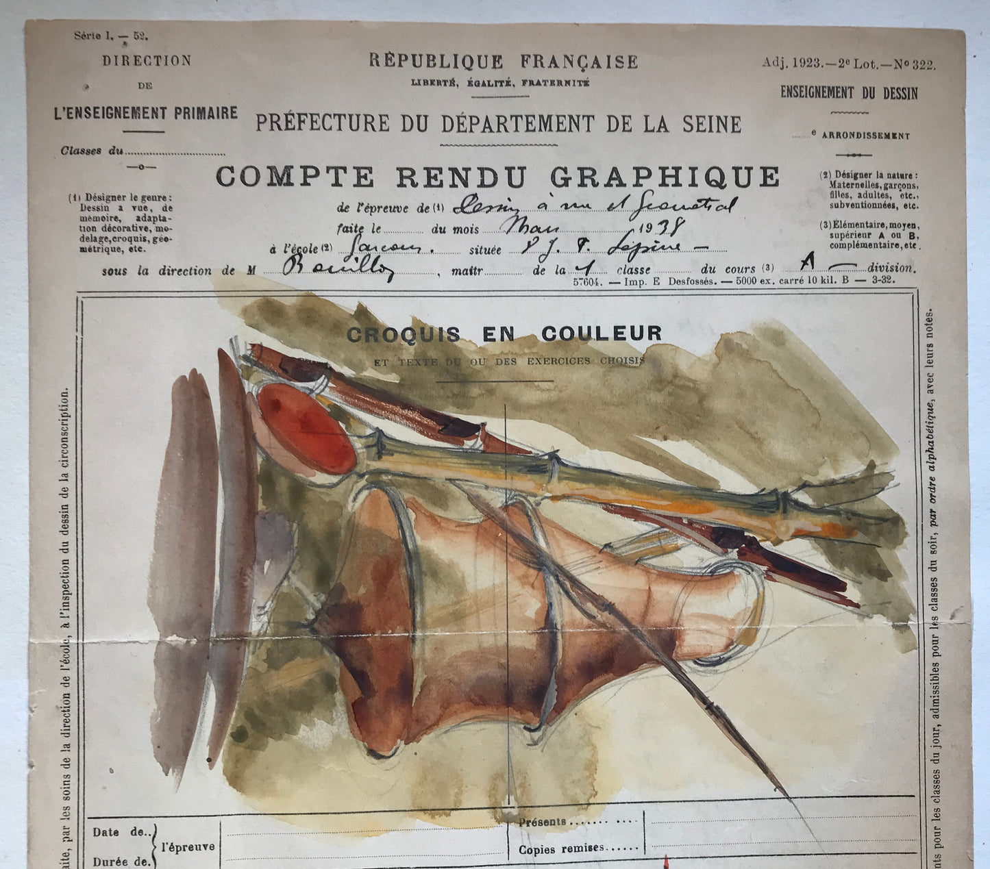 An original artwork. An Examination Piece from a Parisian Art School. Dated 1938. Size: 27 x 21 cms.