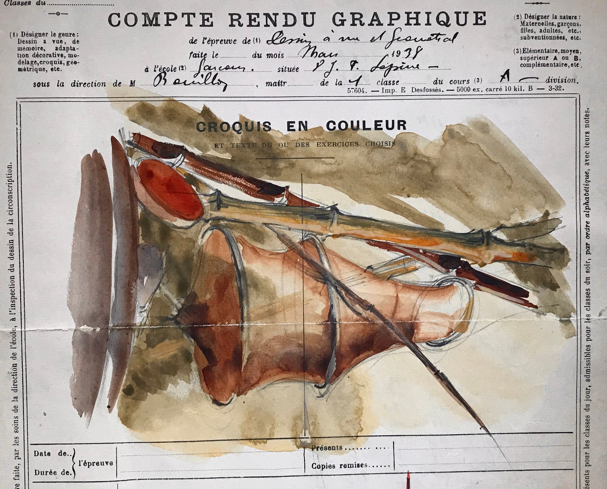 An original artwork. An Examination Piece from a Parisian Art School. Dated 1938. Size: 27 x 21 cms.