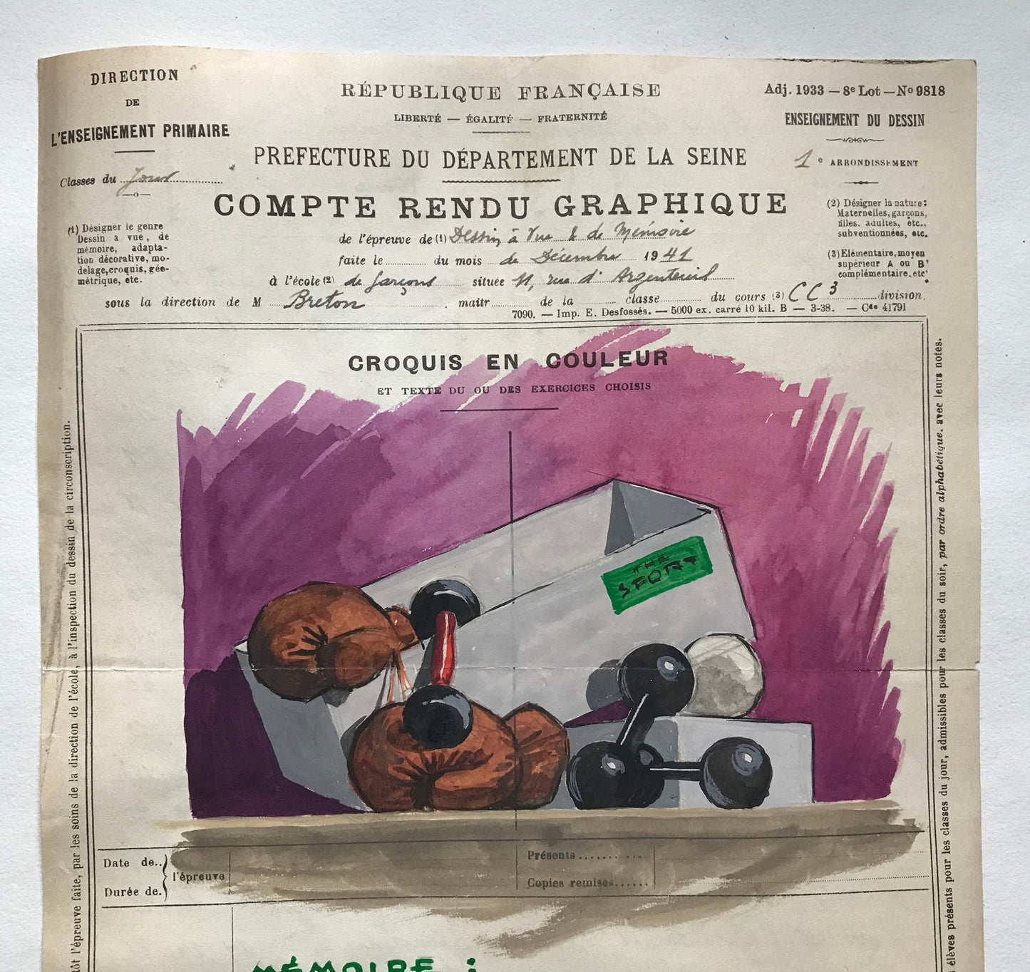 An original artwork. An Examination Piece from a Parisian Art School. Dated 1941. Size: 27 x 21 cms.