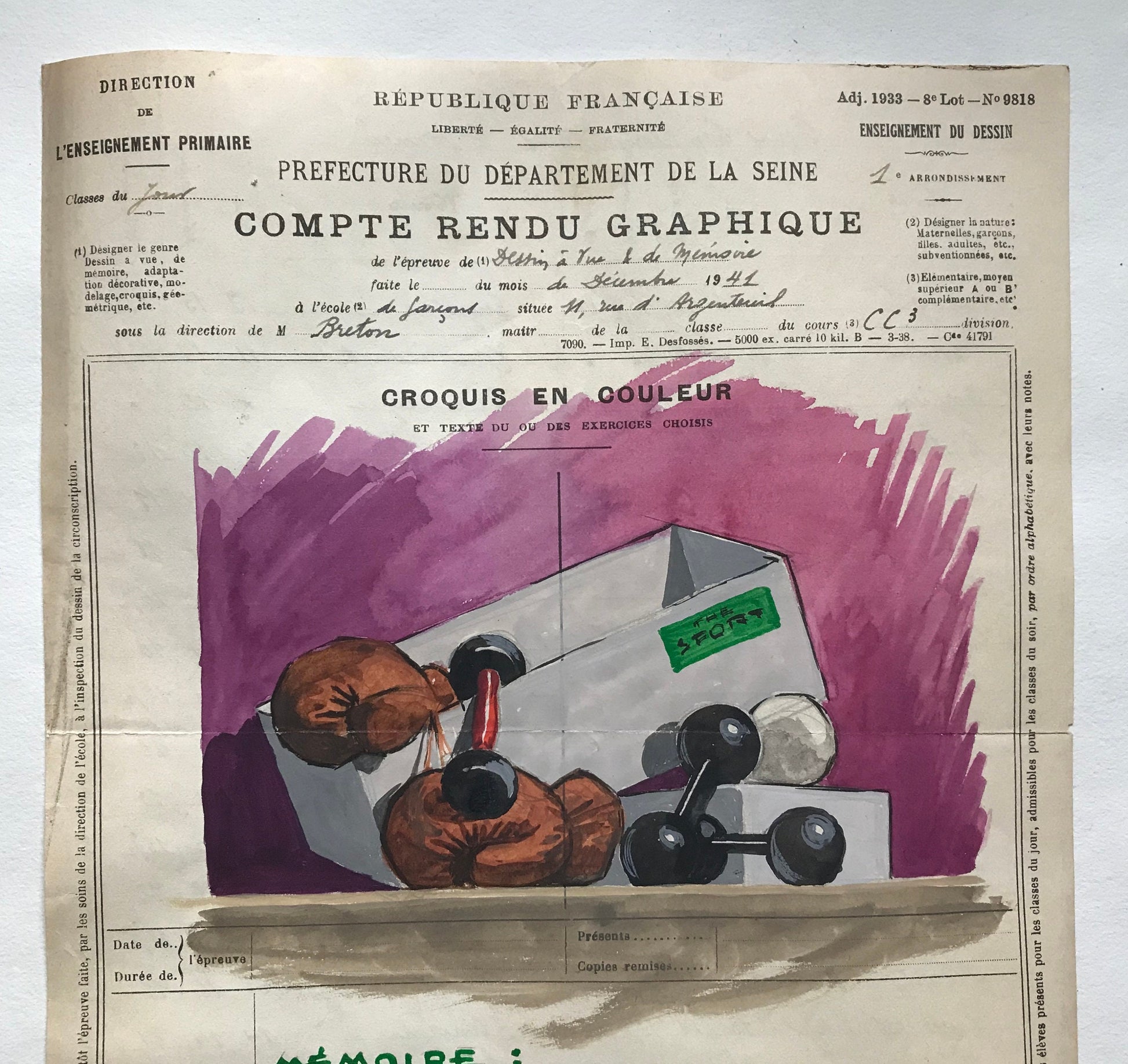 An original artwork. An Examination Piece from a Parisian Art School. Dated 1941. Size: 27 x 21 cms.