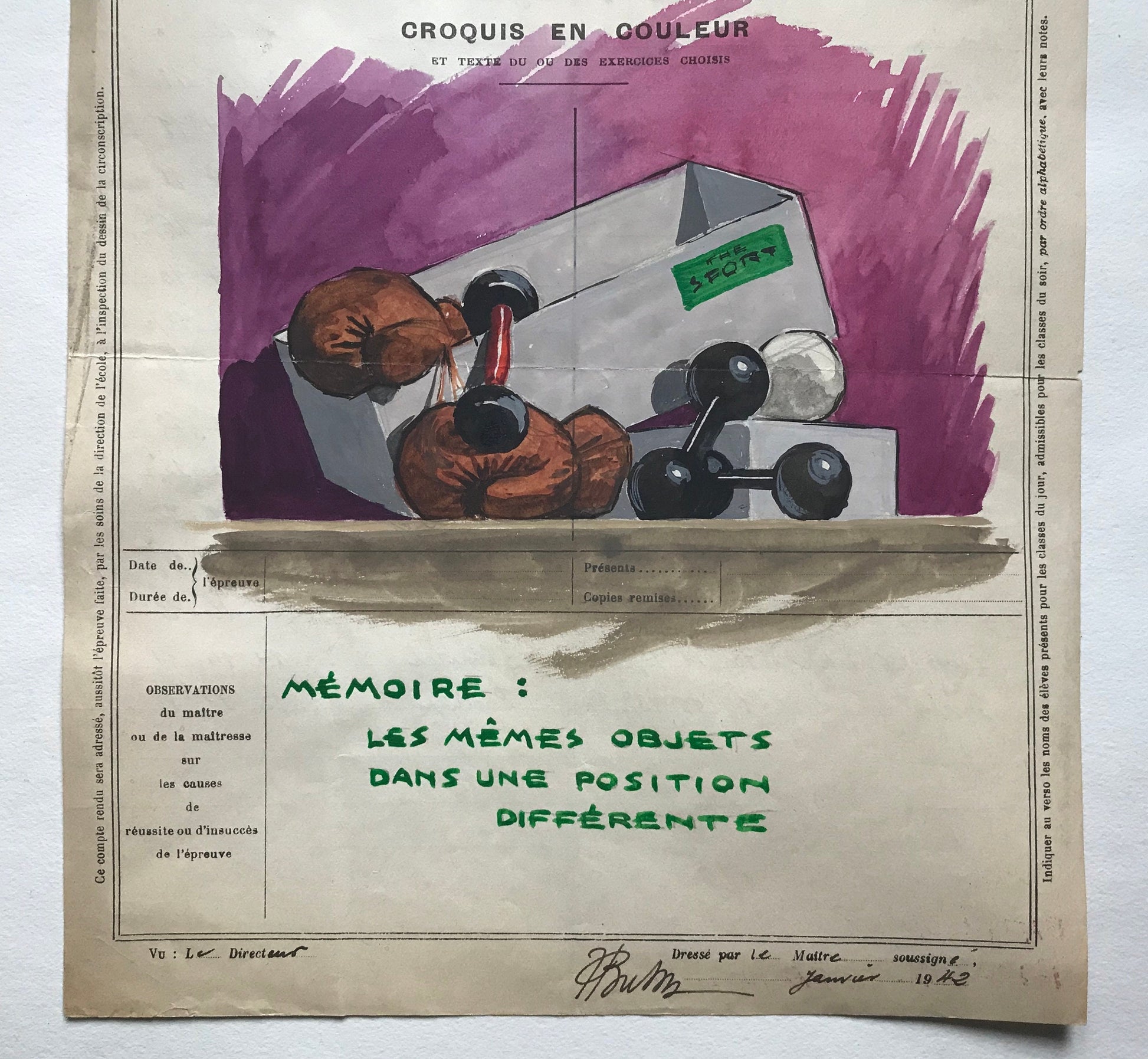 An original artwork. An Examination Piece from a Parisian Art School. Dated 1941. Size: 27 x 21 cms.