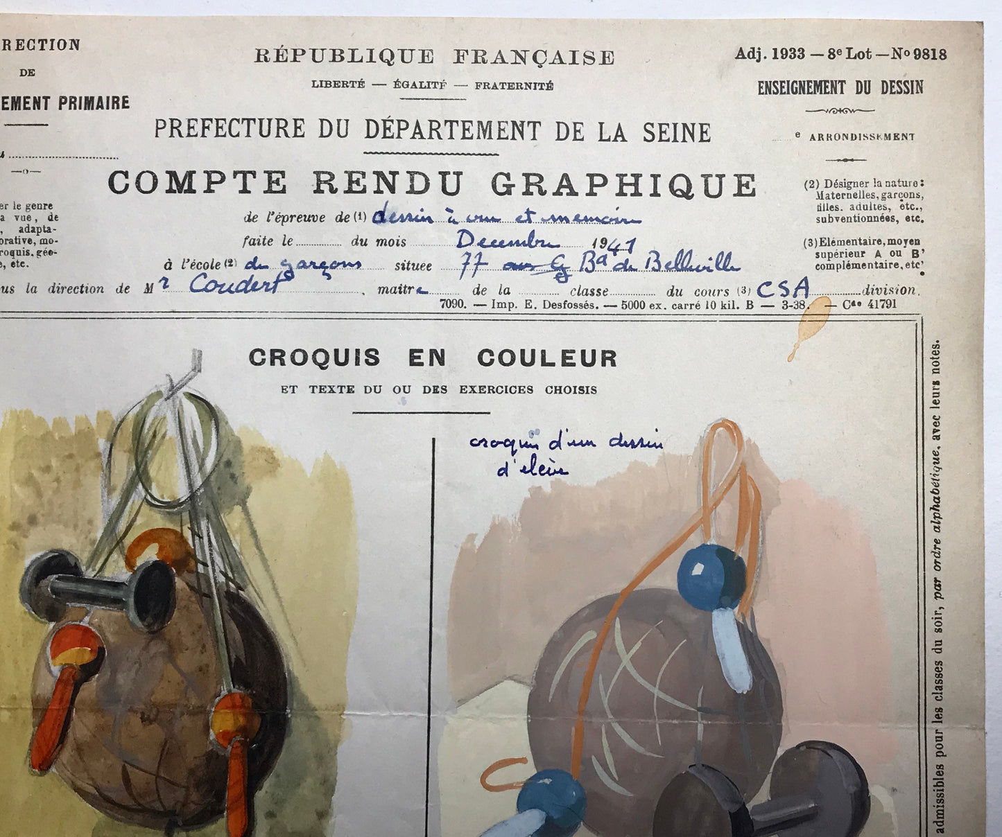 An original artwork. An Examination Piece from a Parisian Art School. Dated 1941. Size: 27 x 21 cms.