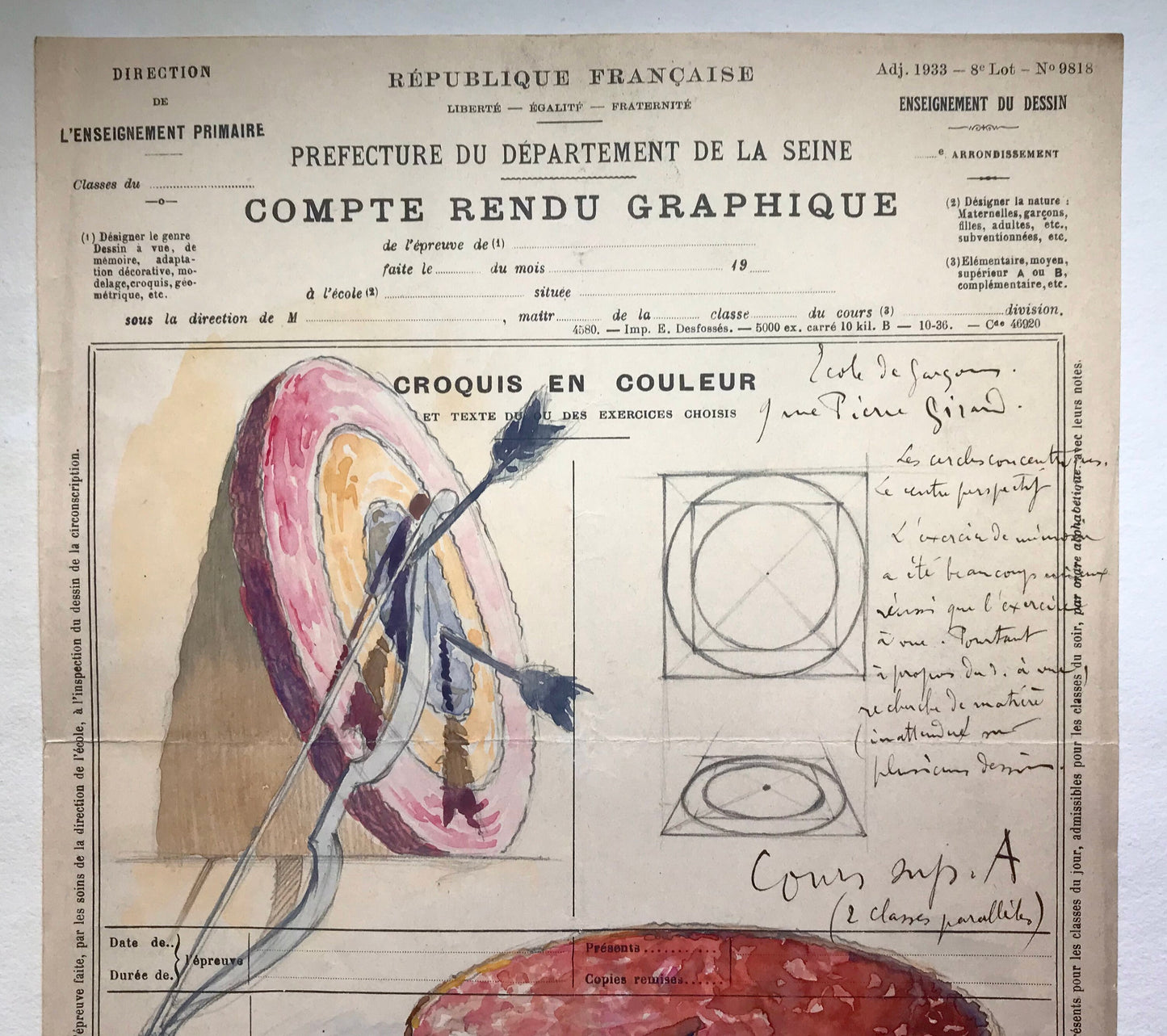 An original artwork. An Examination Piece from a Parisian Art School. Dated 1937. Size: 27 x 21 cms.