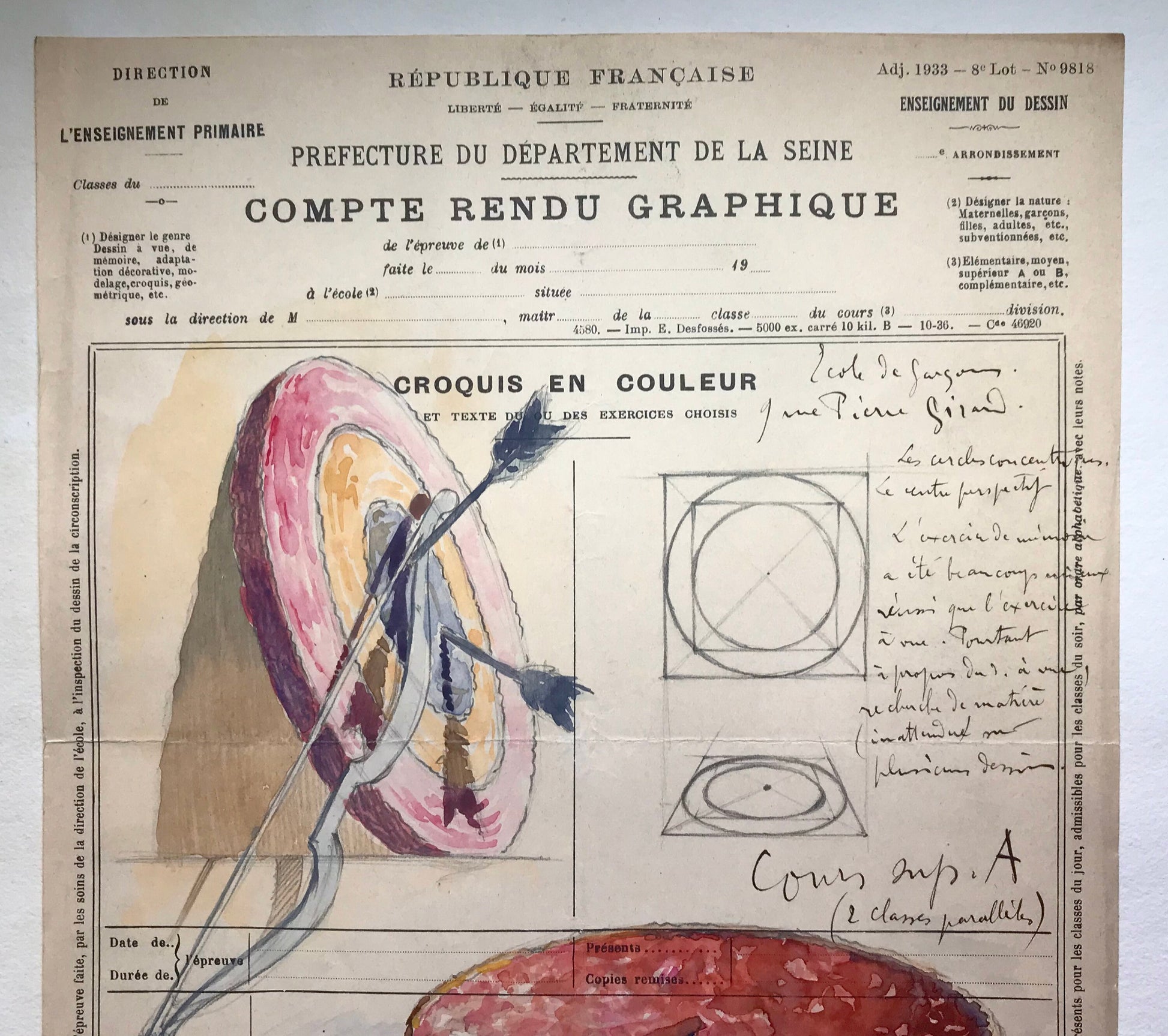 An original artwork. An Examination Piece from a Parisian Art School. Dated 1937. Size: 27 x 21 cms.