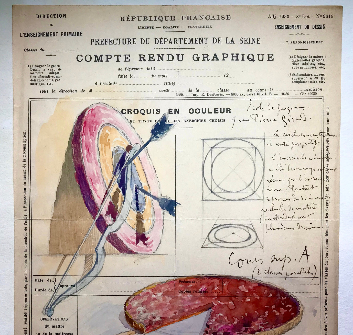 An original artwork. An Examination Piece from a Parisian Art School. Dated 1937. Size: 27 x 21 cms.