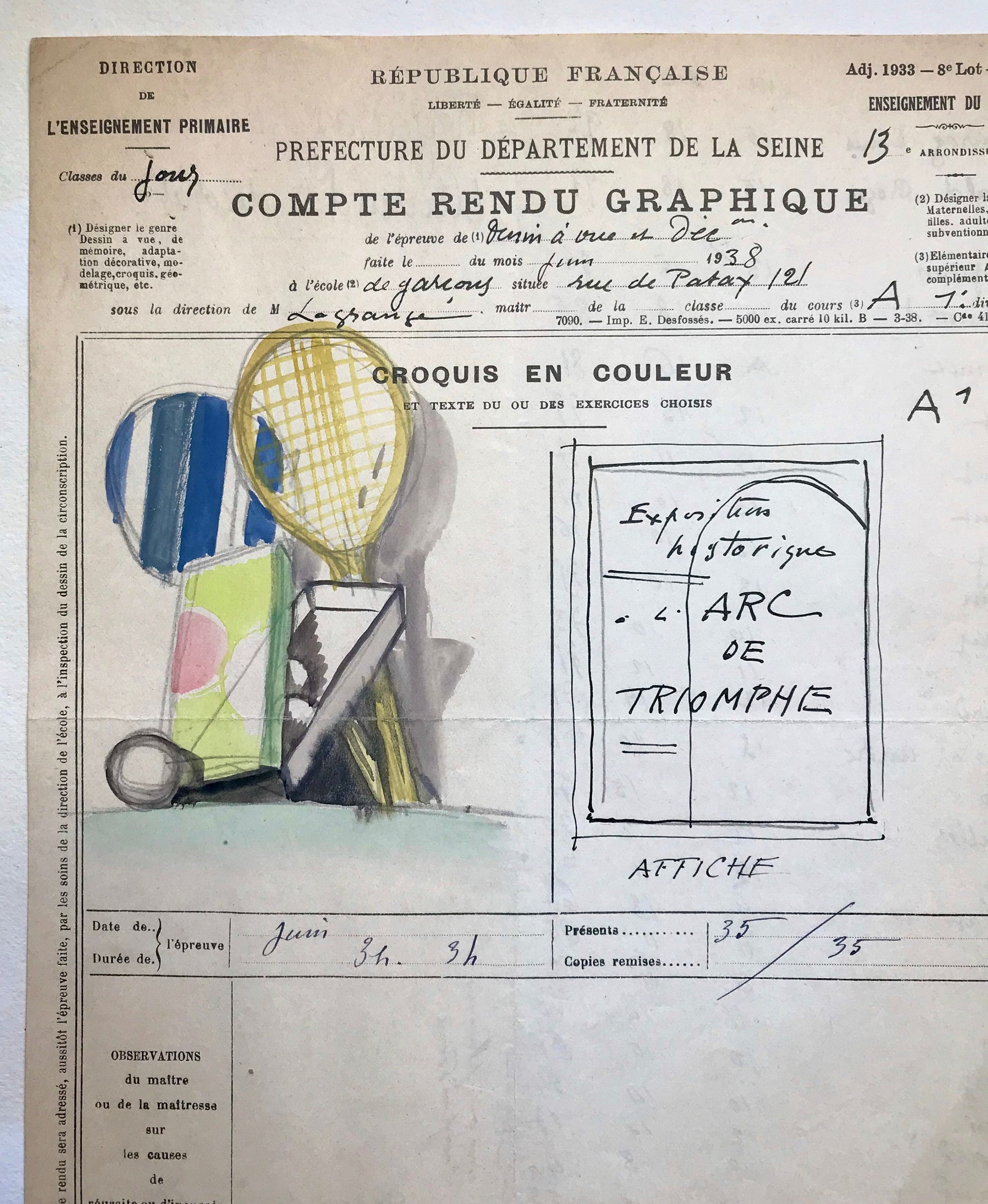 An original artwork. An Examination Piece from a Parisian Art School. Dated 1938. Size: 27 x 21 cms.