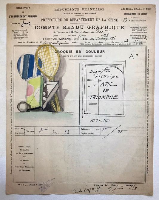 An original artwork. An Examination Piece from a Parisian Art School. Dated 1938. Size: 27 x 21 cms.
