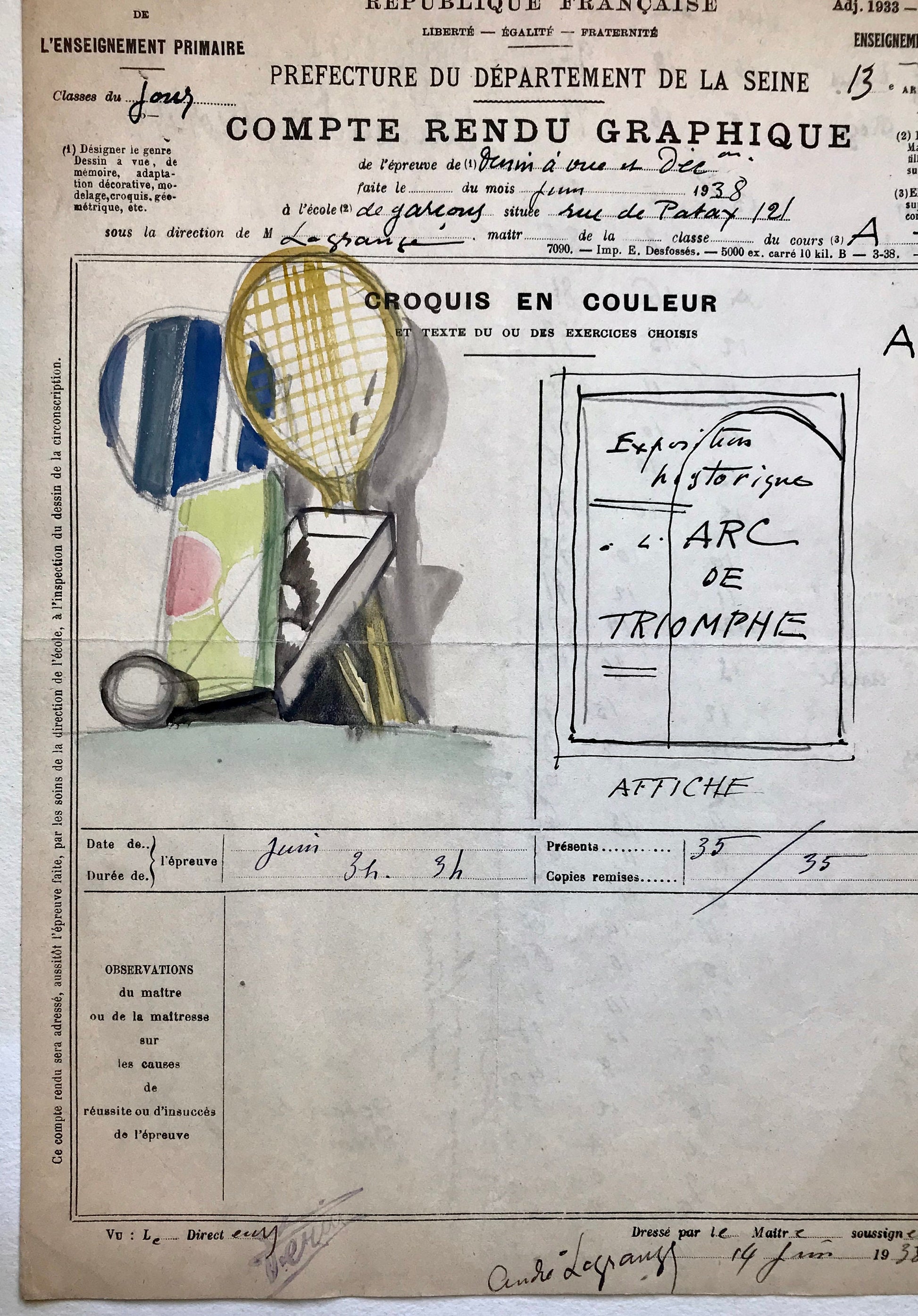 An original artwork. An Examination Piece from a Parisian Art School. Dated 1938. Size: 27 x 21 cms.