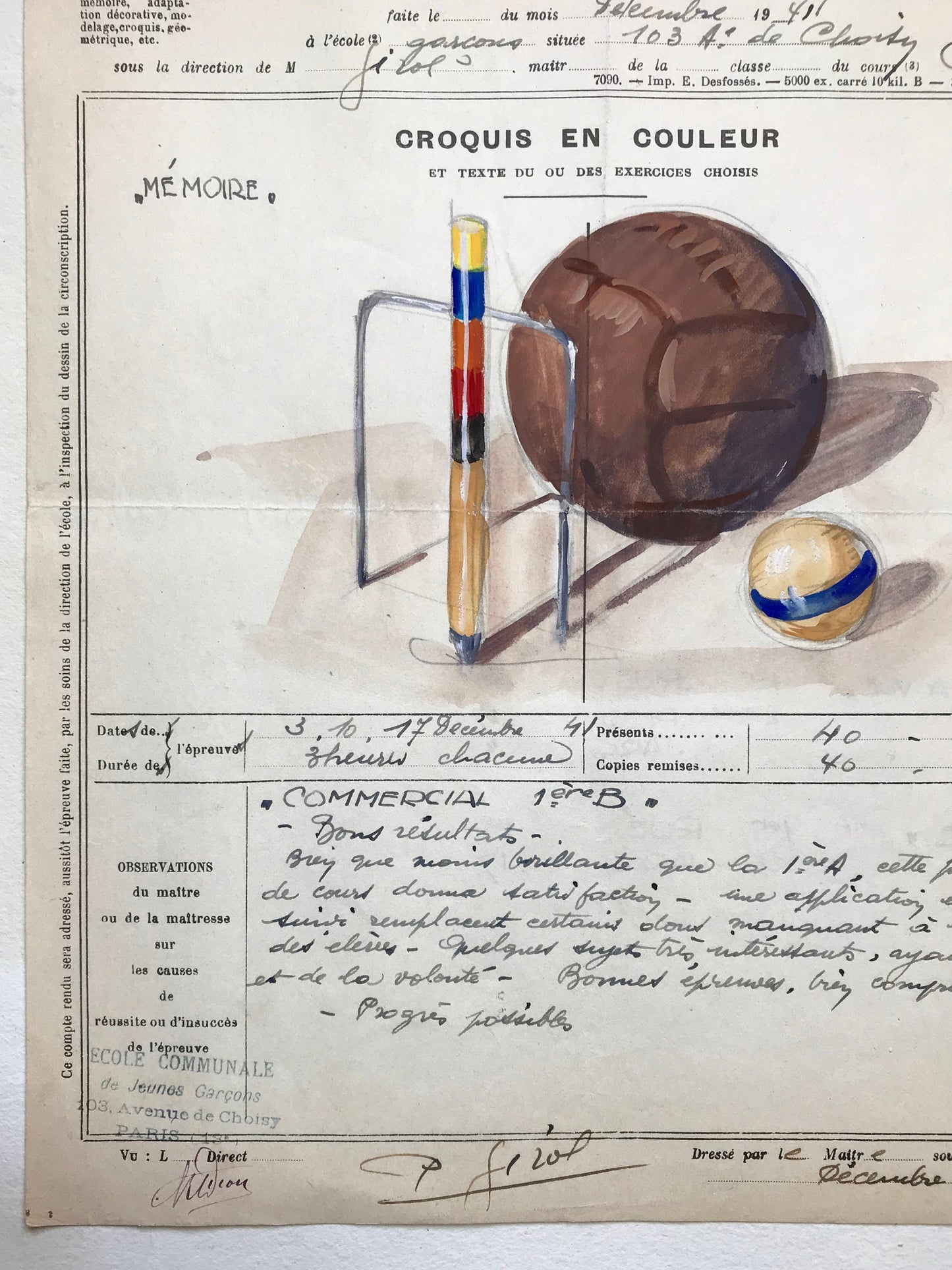 An original artwork. An Examination Piece from a Parisian Art School. Dated 1941. Size: 27 x 21 cms.