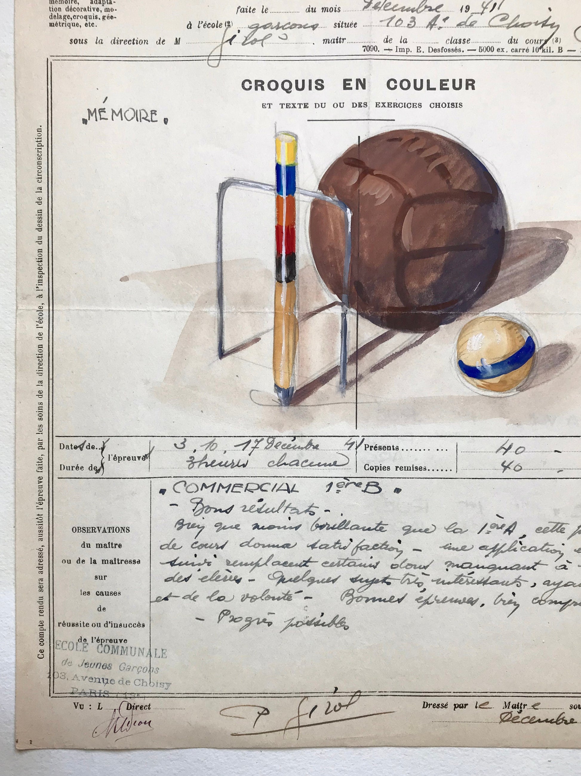 An original artwork. An Examination Piece from a Parisian Art School. Dated 1941. Size: 27 x 21 cms.