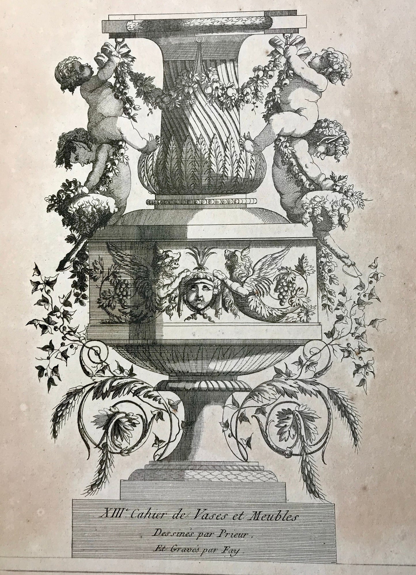3 Original Engravings. Designs for Vases. Designed by Jean-Louis Prieur (1732-95). French. Late 18th Century. Size: 32.5 x 26 cms.