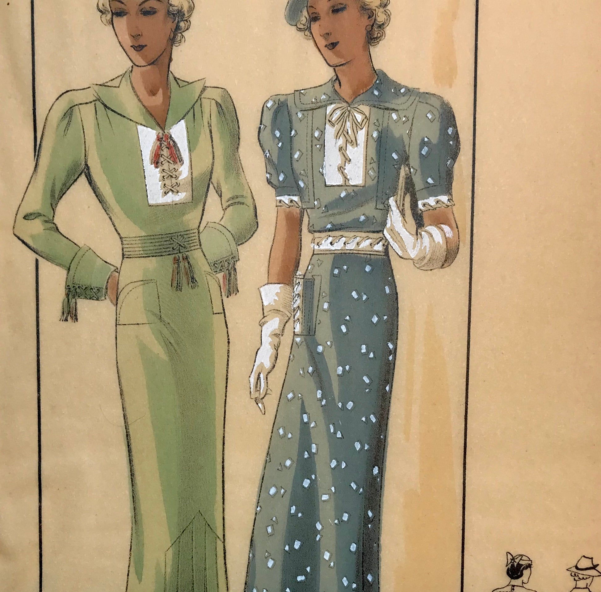A Sketch, or Croquis. Produced by the Fashion House of Maurice Dubois. Hand coloured lithograph. 1935. Size: 27.5 x 16.7 cms.