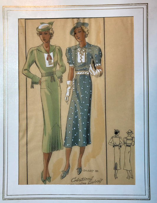 A Sketch, or Croquis. Produced by the Fashion House of Maurice Dubois. Hand coloured lithograph. 1935. Size: 27.5 x 16.7 cms.