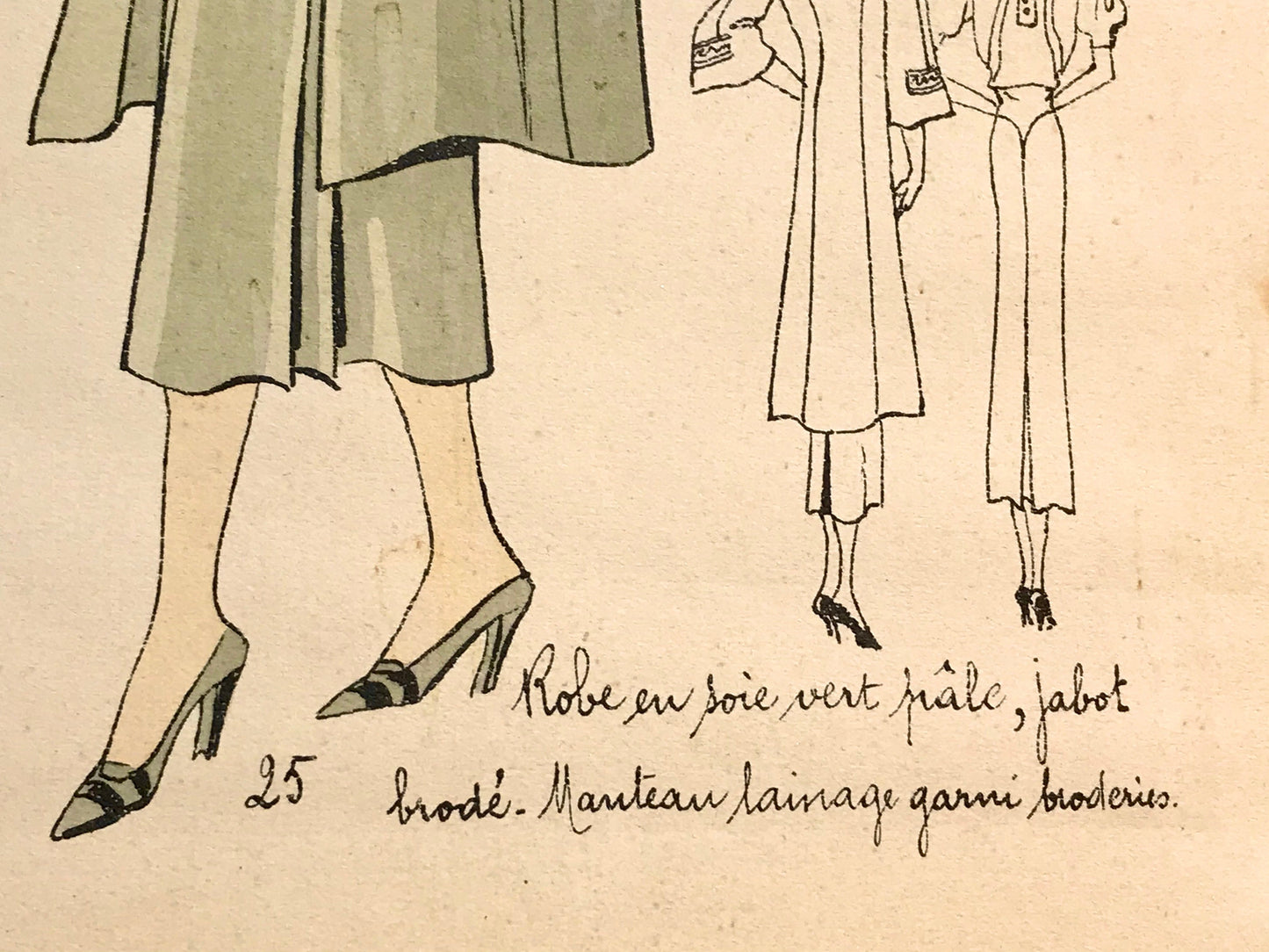 An Original Fashion Sketch, or Croquis, from a Parisian Atelier. A Hand Coloured Lithograph print. 1930’s. Size: 30.5 x 18.8 cms.
