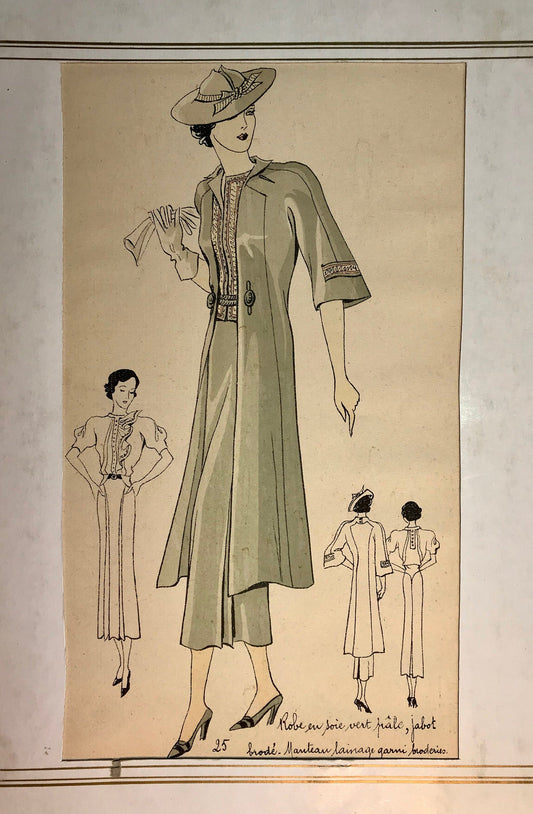 An Original Fashion Sketch, or Croquis, from a Parisian Atelier. A Hand Coloured Lithograph print. 1930’s. Size: 30.5 x 18.8 cms.