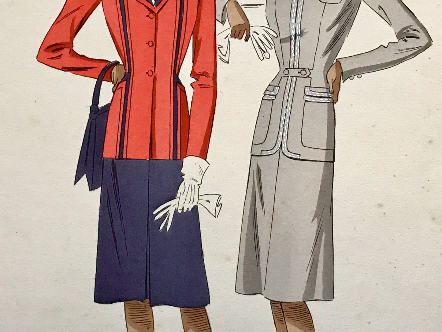 An Original Fashion Sketch, or Croquis, from ‘Les Creations Parisiennes’. A Hand Coloured Lithograph print. 1945. Large: 32.5 x 24.8 cms.