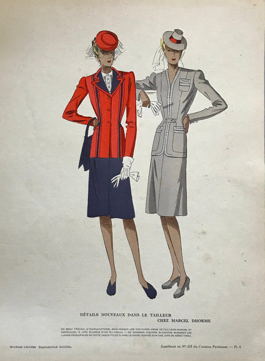 An Original Fashion Sketch, or Croquis, from ‘Les Creations Parisiennes’. A Hand Coloured Lithograph print. 1945. Large: 32.5 x 24.8 cms.