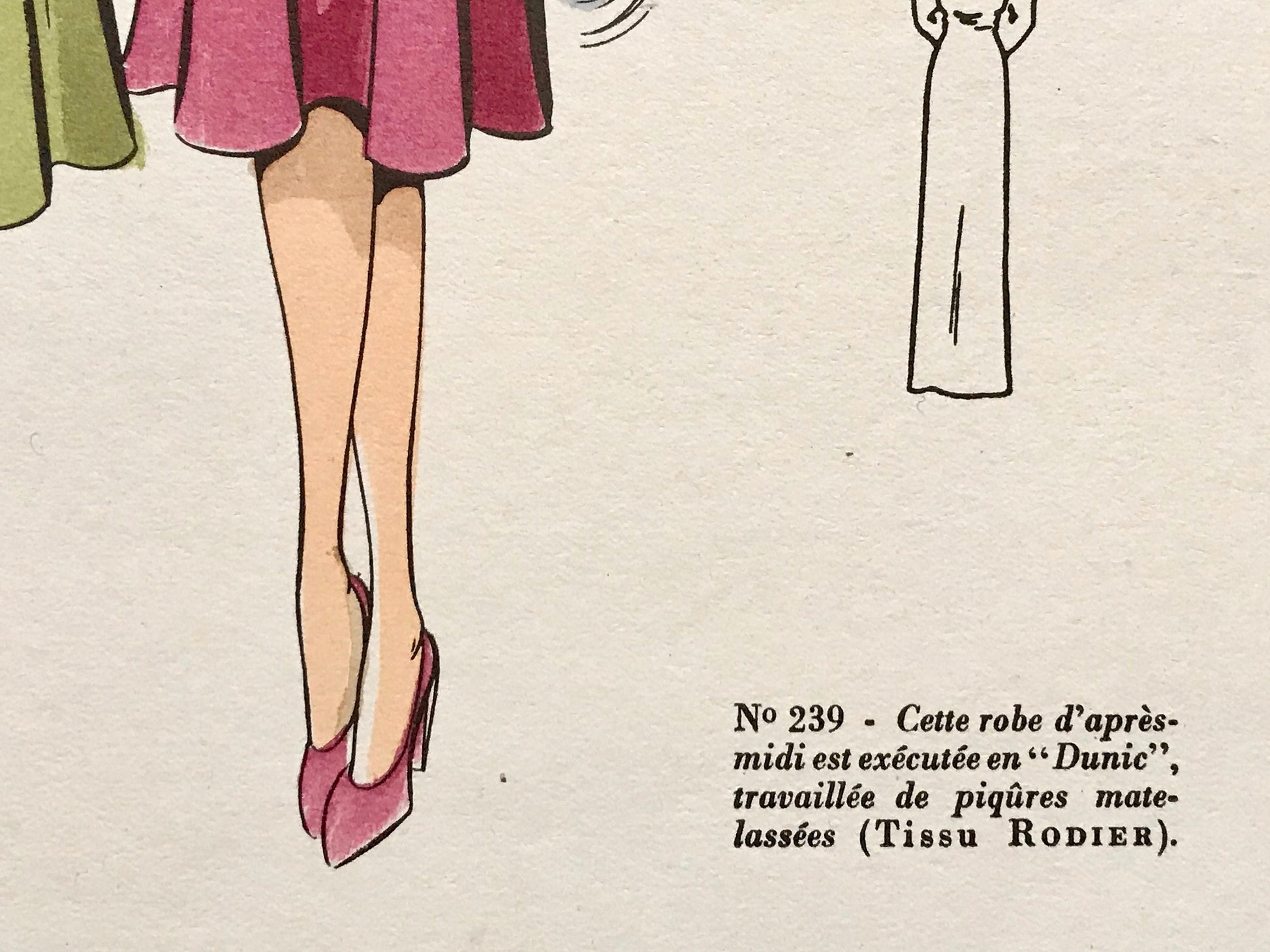 An Original Fashion Sketch, or Croquis, from ‘Les Creations Parisiennes’. A Hand Coloured Lithograph Print. 1945. Large: 32.5 x 24.8 cms.