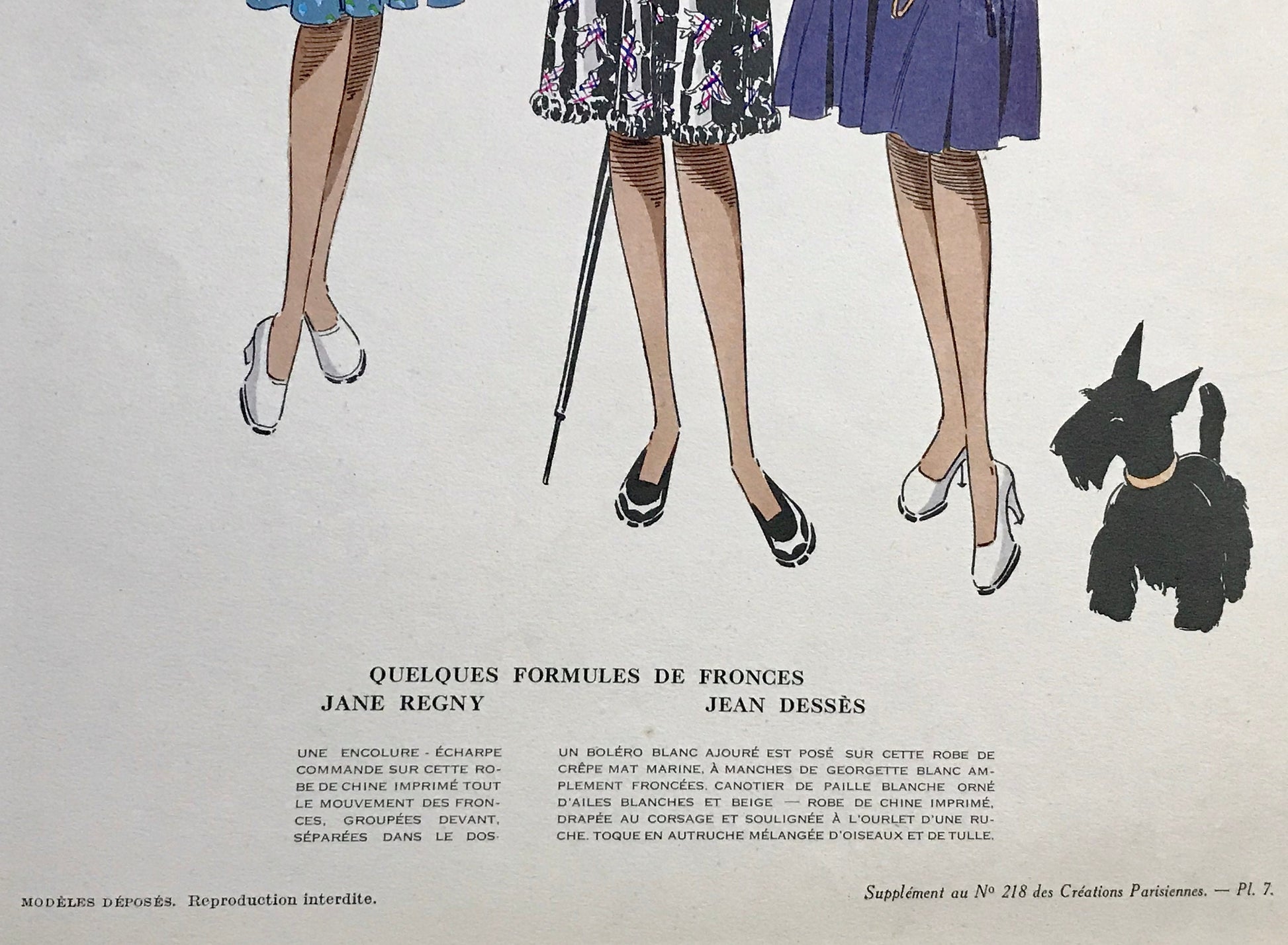 An Original Fashion Sketch, or Croquis, from ‘Les Creations Parisiennes’. A Hand Coloured Lithograph Print. 1945. Large: 32.5 x 24.8 cms.