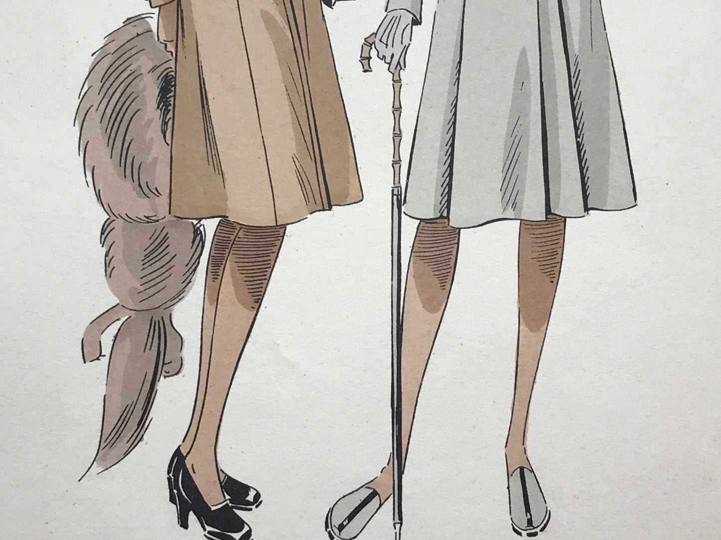An Original Fashion Sketch, or Croquis, from ‘Les Creations Parisiennes’. A Hand Coloured Lithograph Print. 1945. Large: 32.5 x 24.8 cms.
