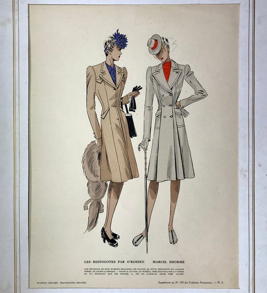 An Original Fashion Sketch, or Croquis, from ‘Les Creations Parisiennes’. A Hand Coloured Lithograph Print. 1945. Large: 32.5 x 24.8 cms.