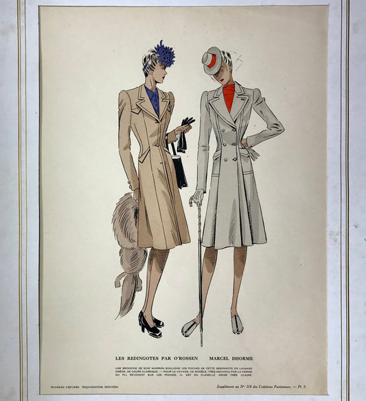 An Original Fashion Sketch, or Croquis, from ‘Les Creations Parisiennes’. A Hand Coloured Lithograph Print. 1945. Large: 32.5 x 24.8 cms.